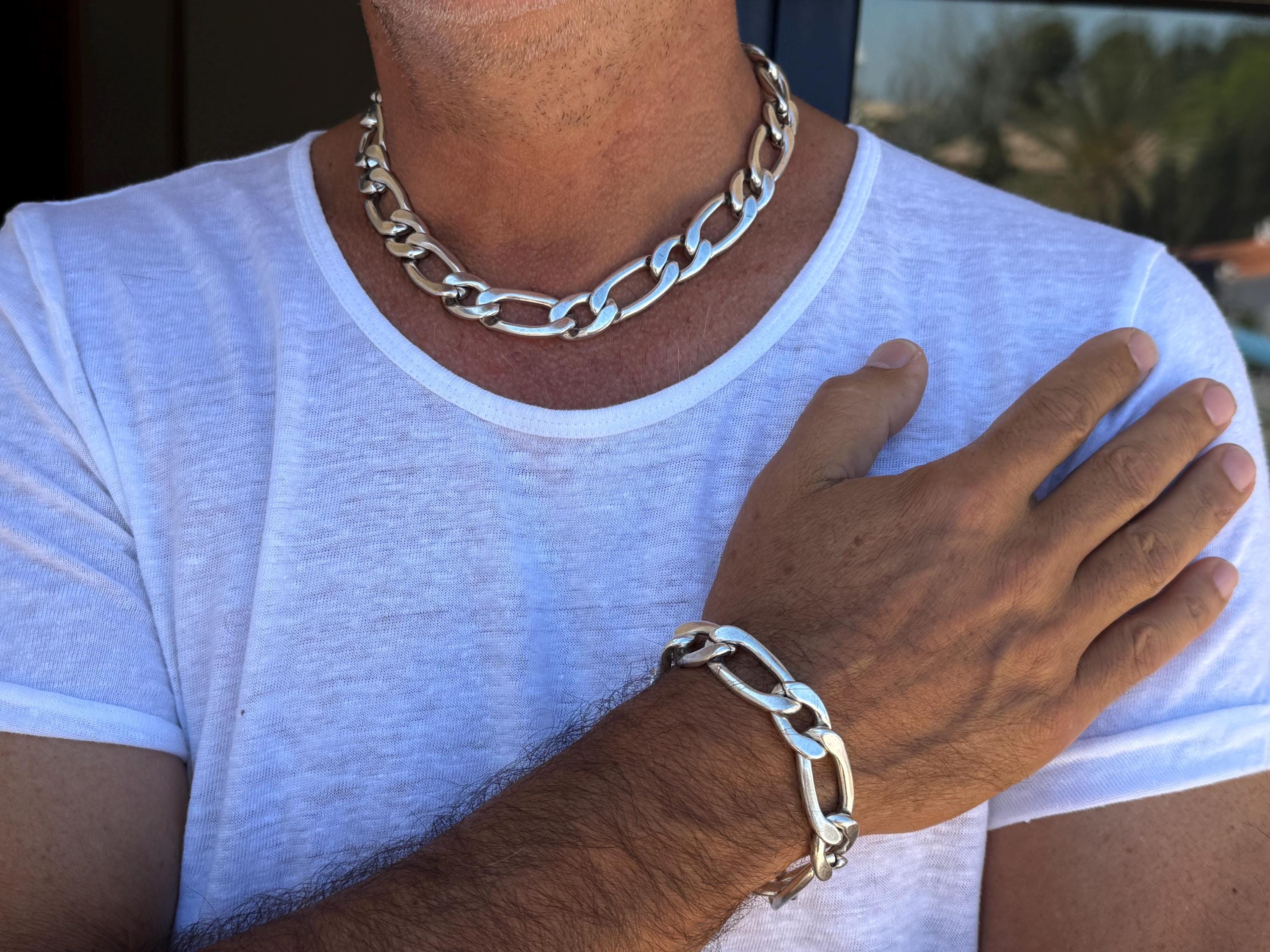 Chunky silver plated Cuban curb chain necklace for men, rock style masculine jewelry