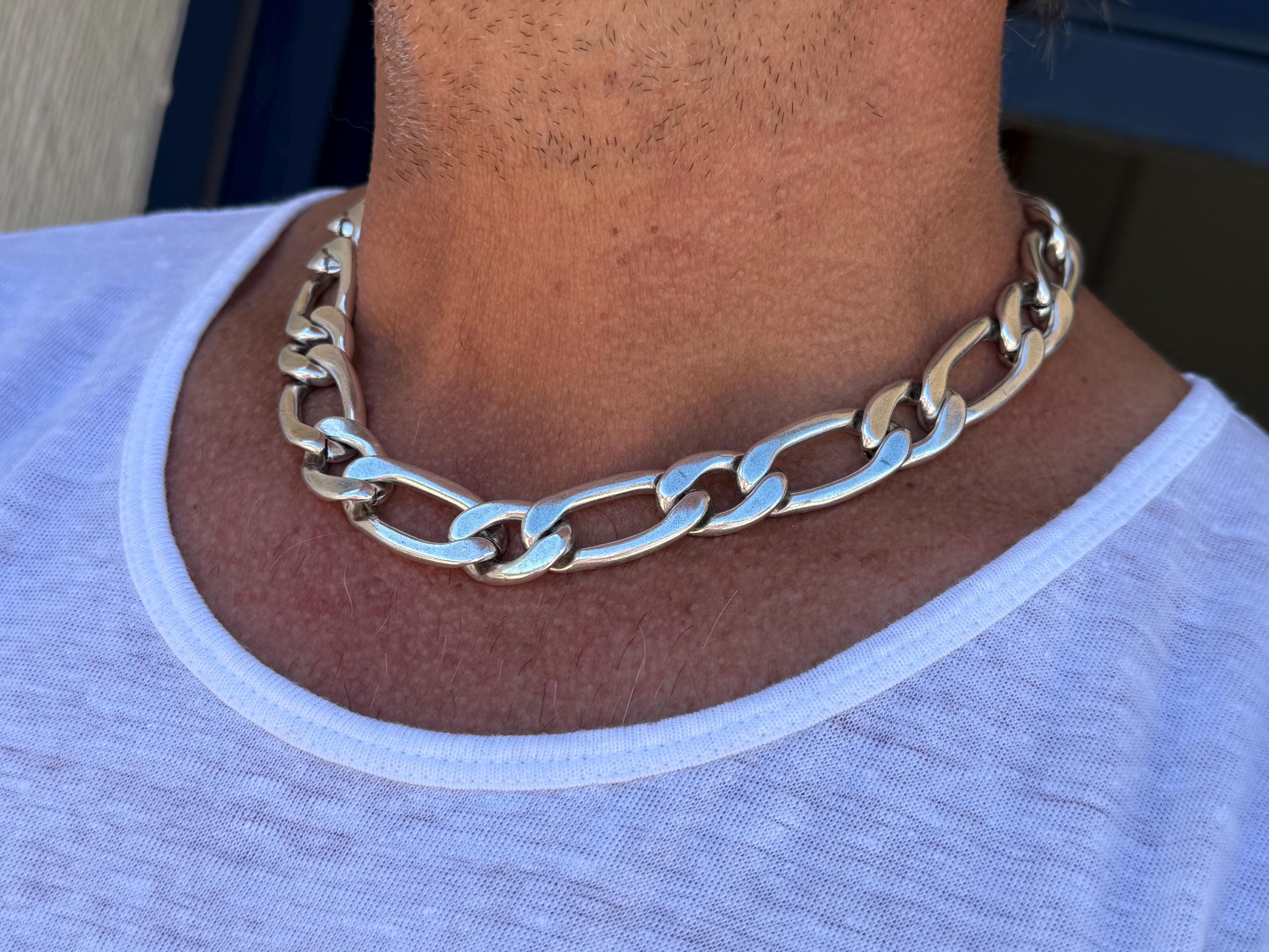 Chunky silver plated Cuban curb chain necklace for men, rock style masculine jewelry