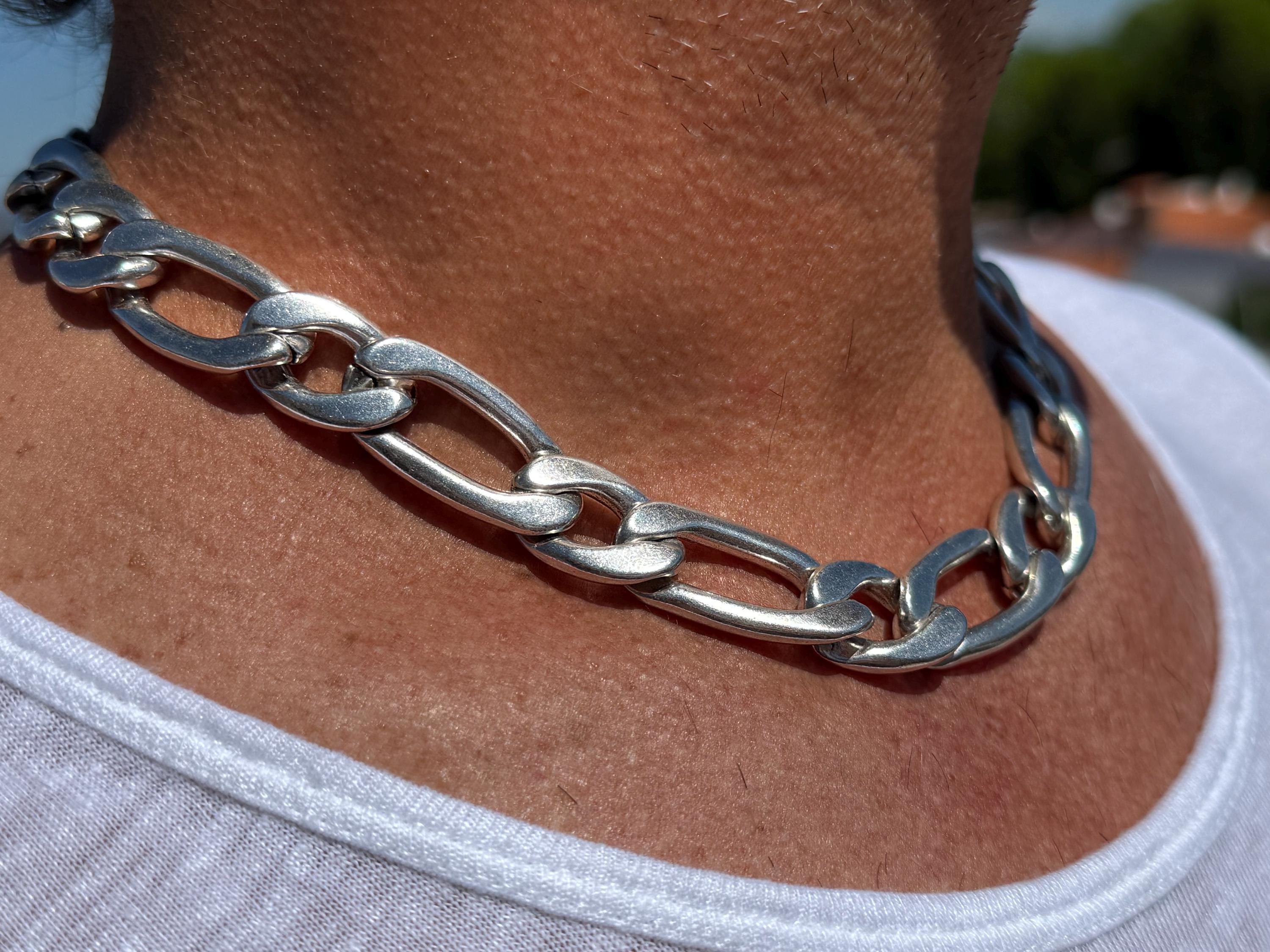 Chunky silver plated Cuban curb chain necklace for men, rock style masculine jewelry
