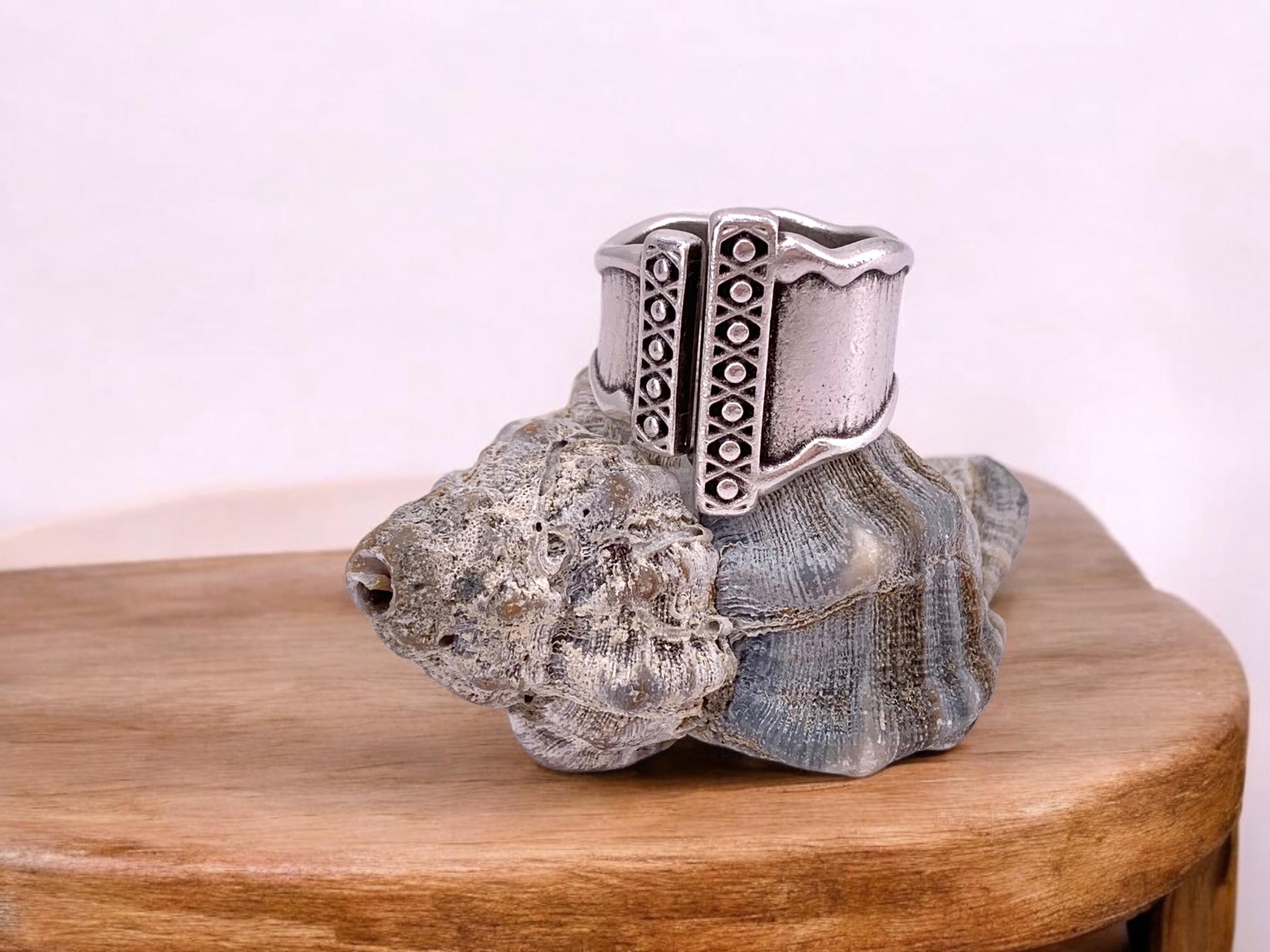 Chunky wide open silver ring with rustic ethnic style engraved design, bulky unisex