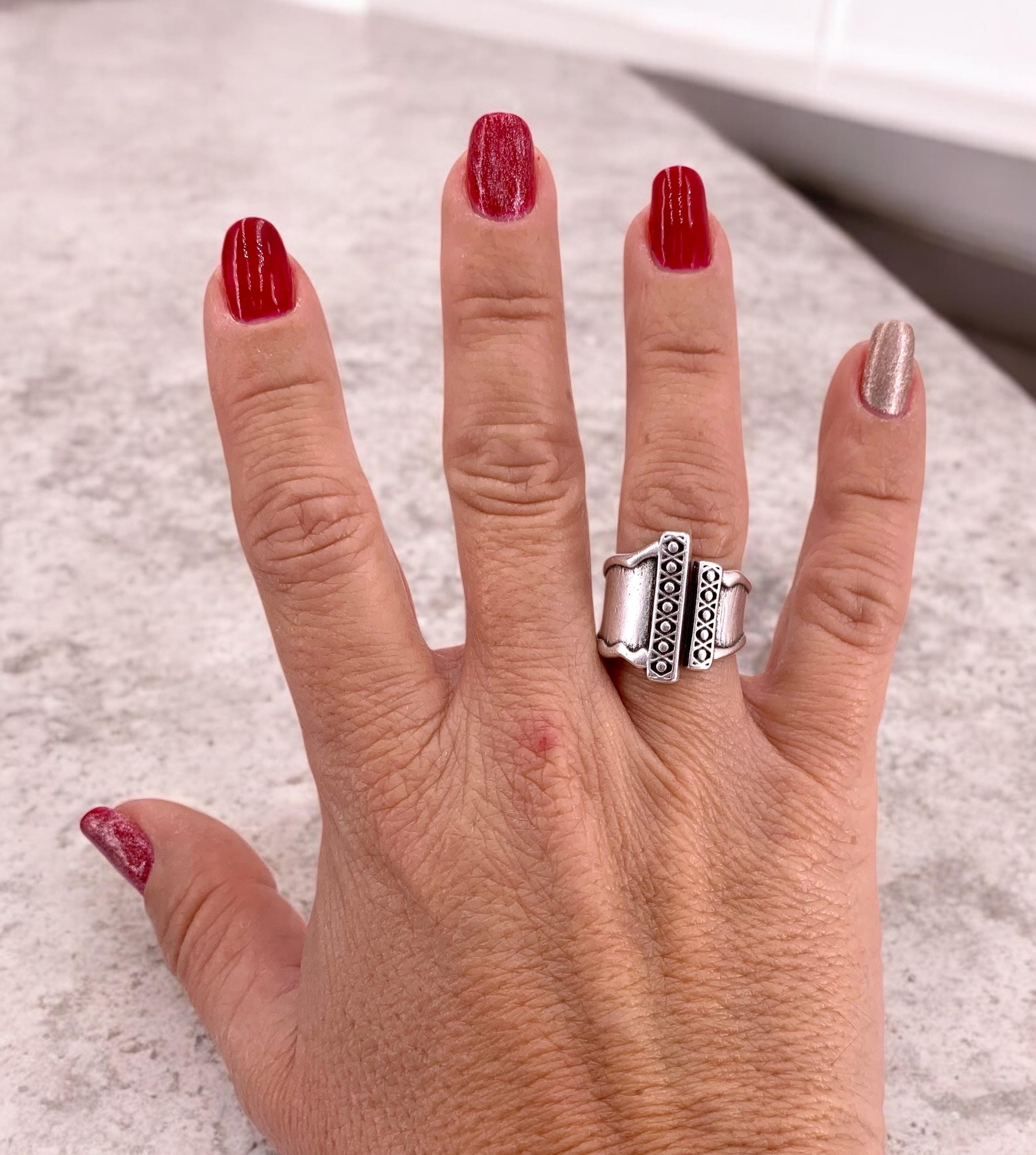 Chunky wide open silver ring with rustic ethnic style engraved design, bulky unisex