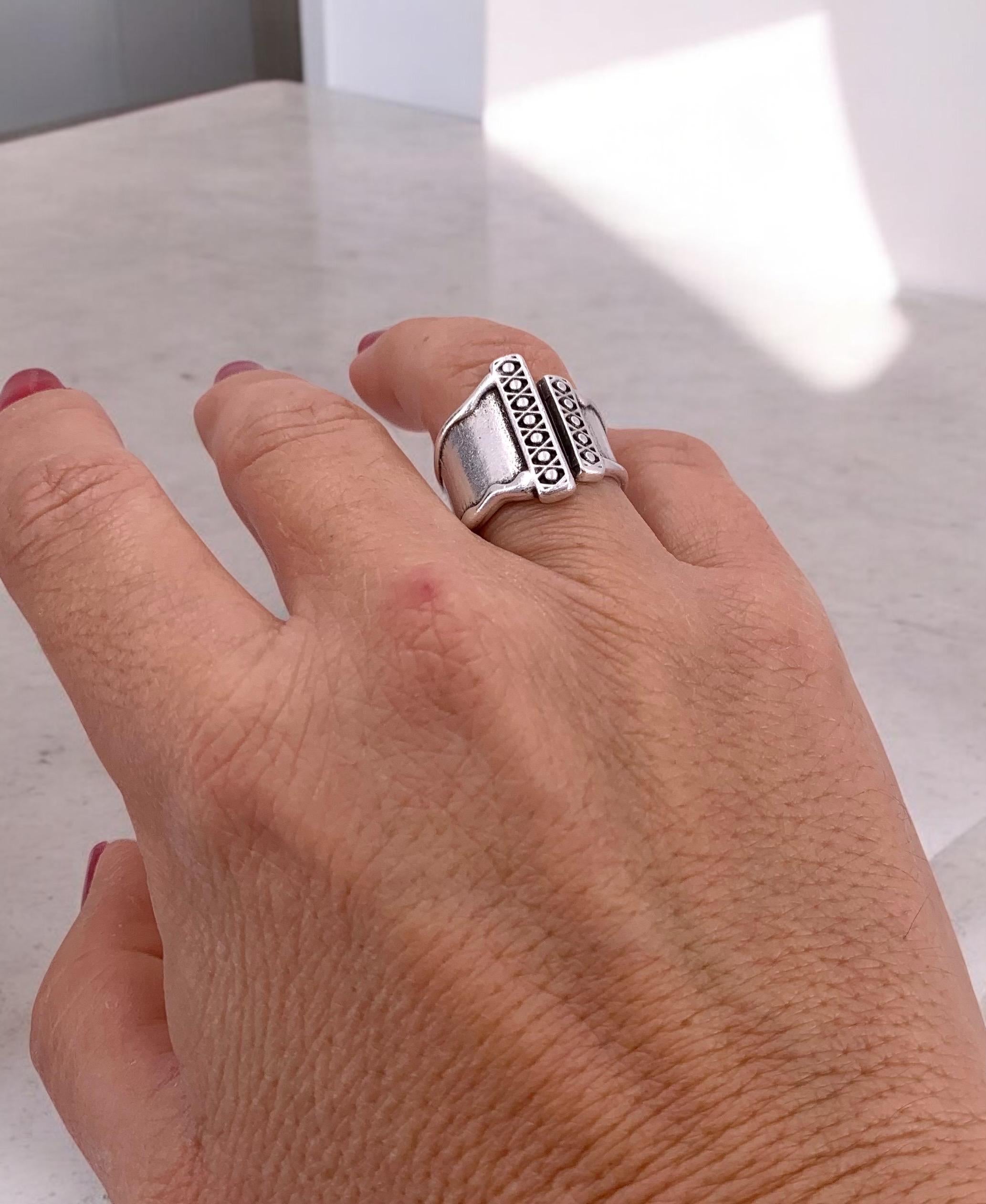 Chunky wide open silver ring with rustic ethnic style engraved design, bulky unisex