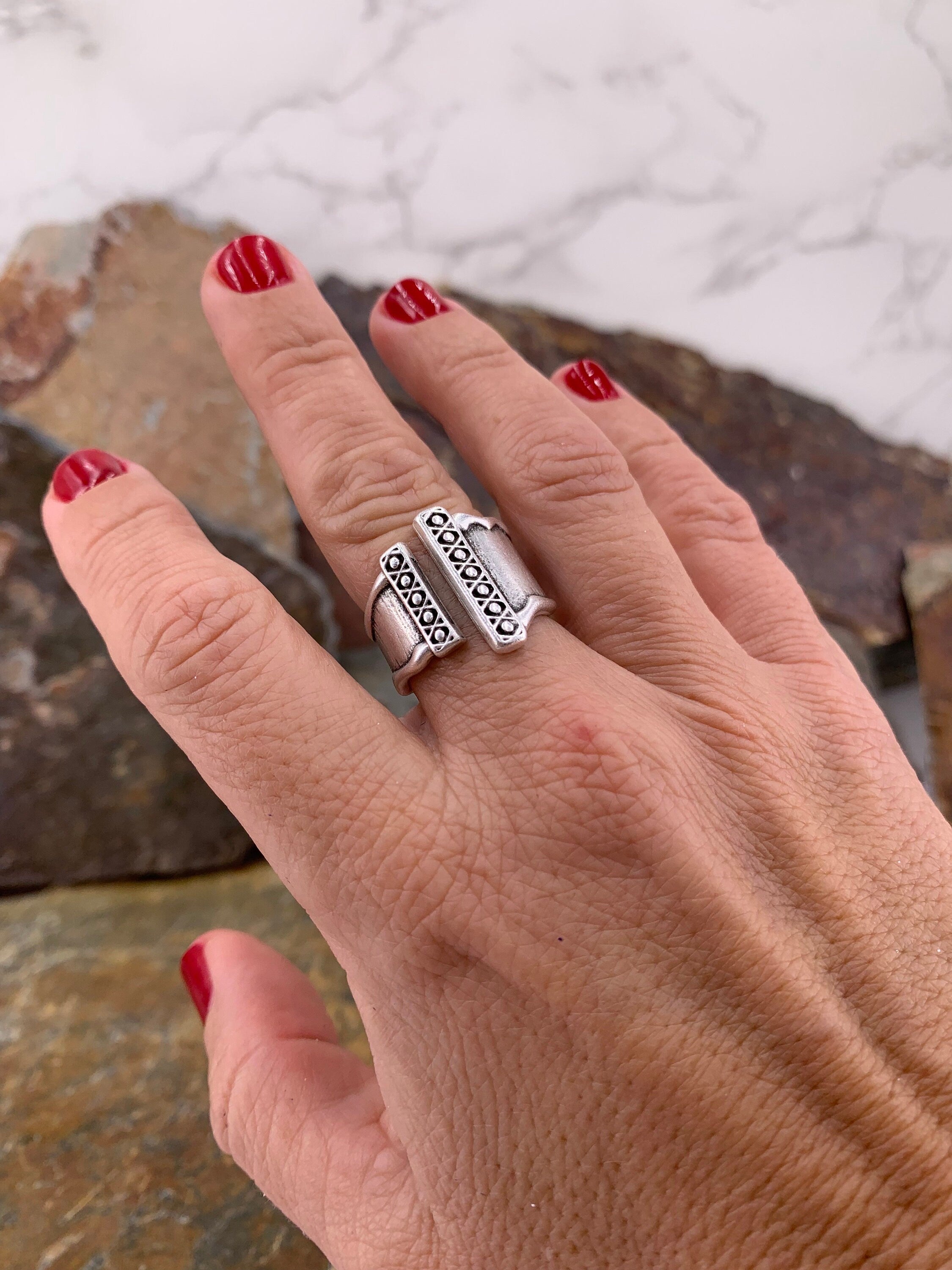Chunky wide open silver ring with rustic ethnic style engraved design, bulky unisex