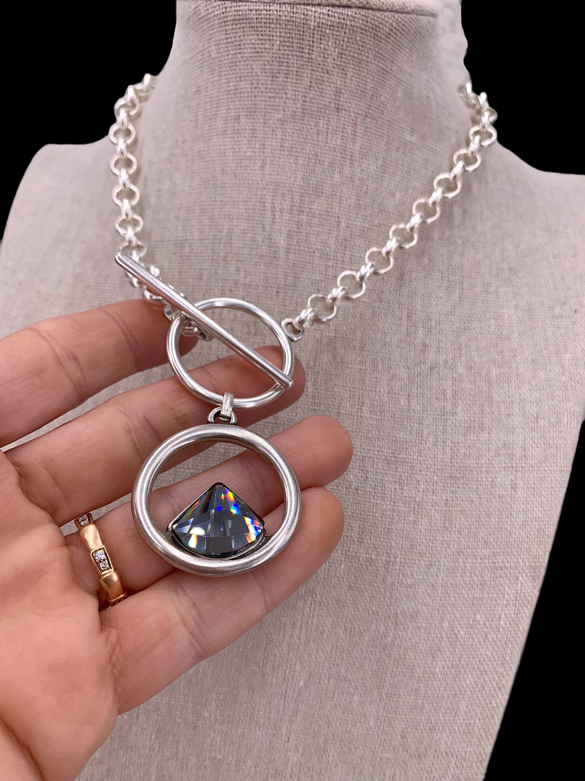 Swarovski statement pendant chunky silver chain toggle necklace, handmade