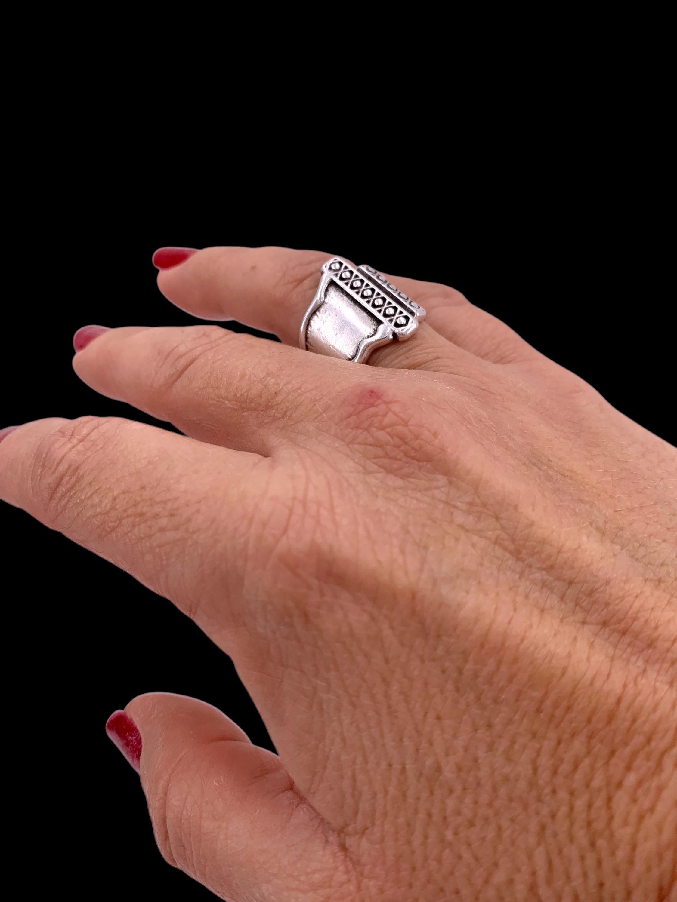 Chunky wide open silver ring with rustic ethnic style engraved design, bulky unisex