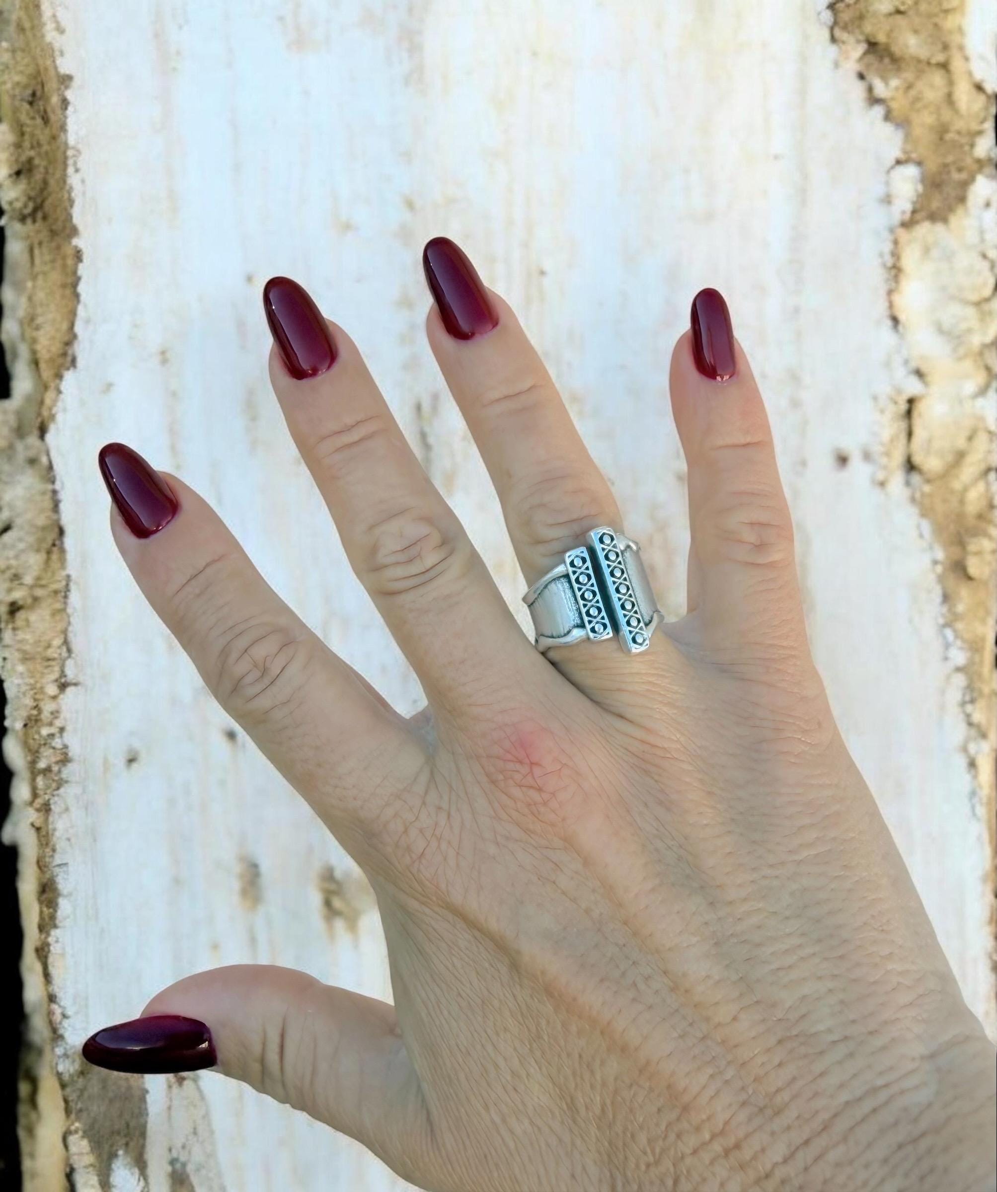 Chunky wide open silver ring with rustic ethnic style engraved design, bulky unisex