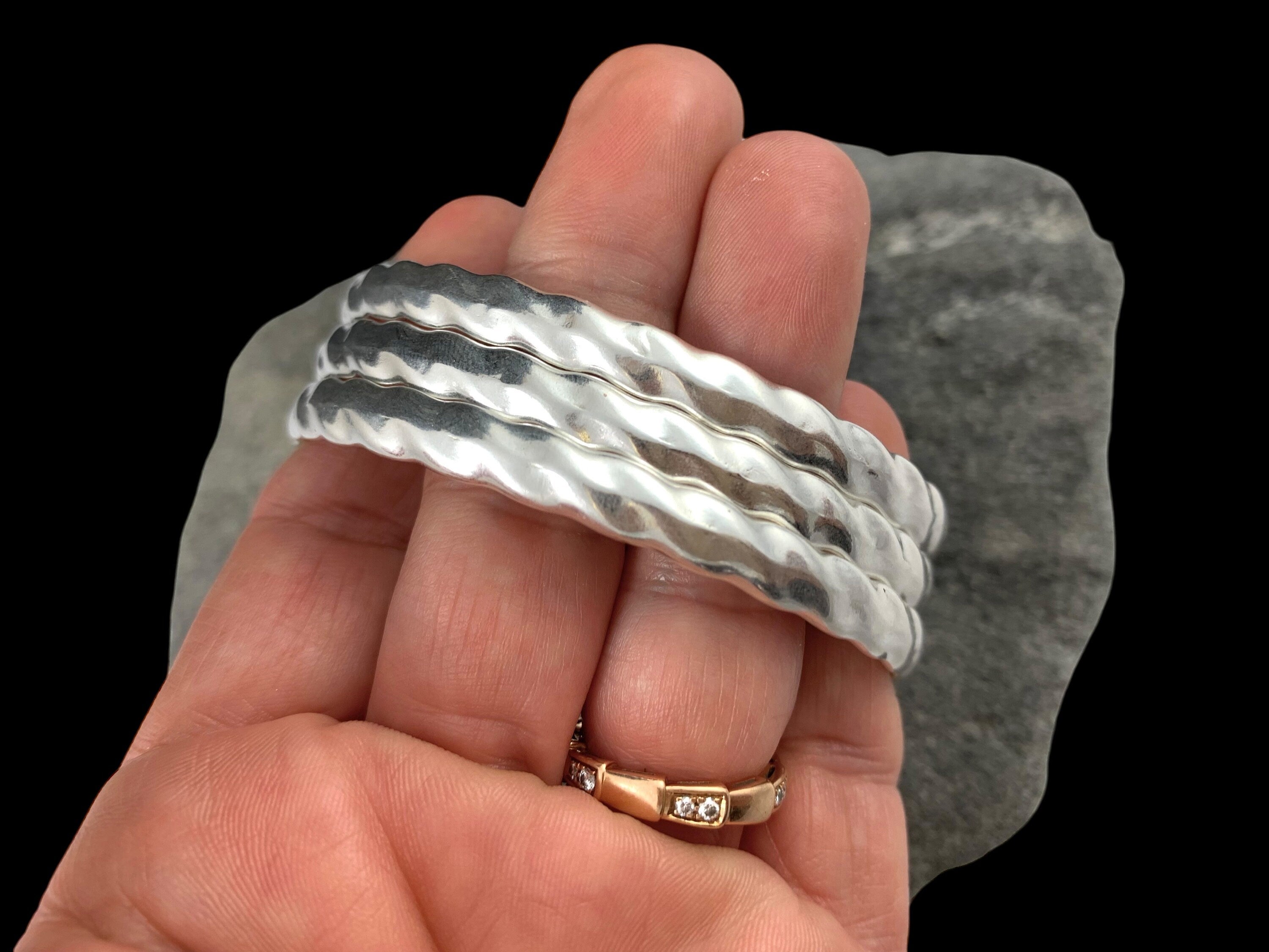 Sterling silver plated hammered bangle, stackable cuff bracelet
