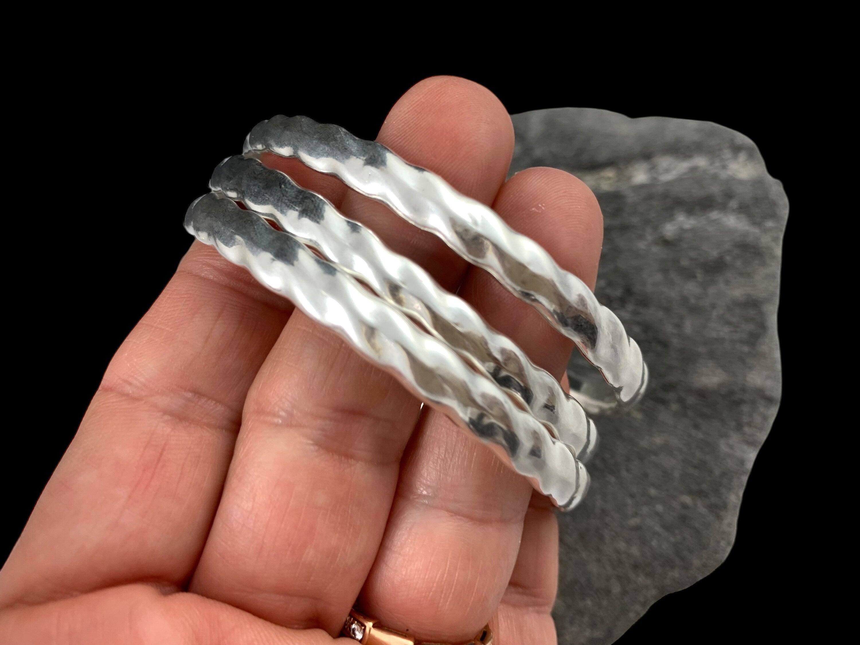Sterling silver plated hammered bangle, stackable cuff bracelet
