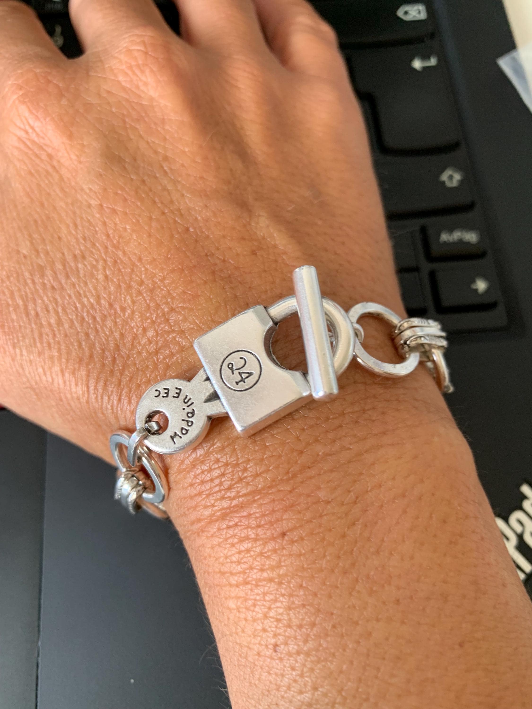 Silver plated chunky round chain padlok toggle clasp bracelet, bold cuff, handmade
