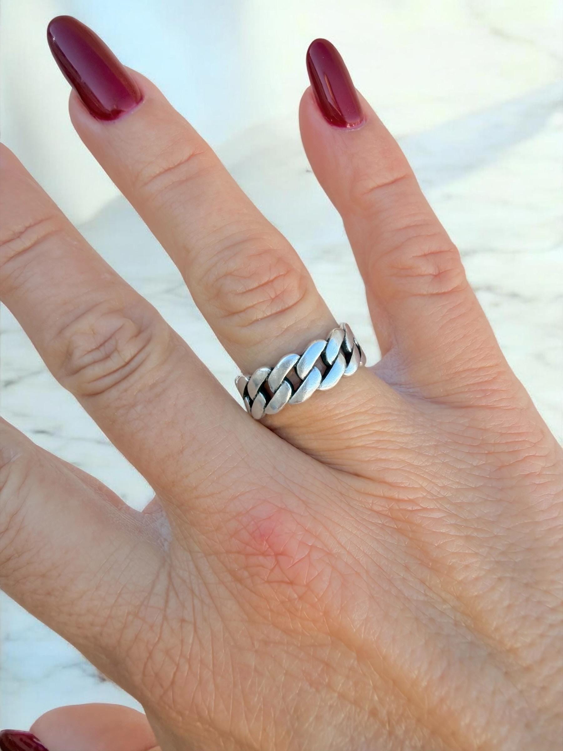 Chunky Silver plated Chain‑Style Ring, Bold Tribal Open Band, Unisex Jewelry
