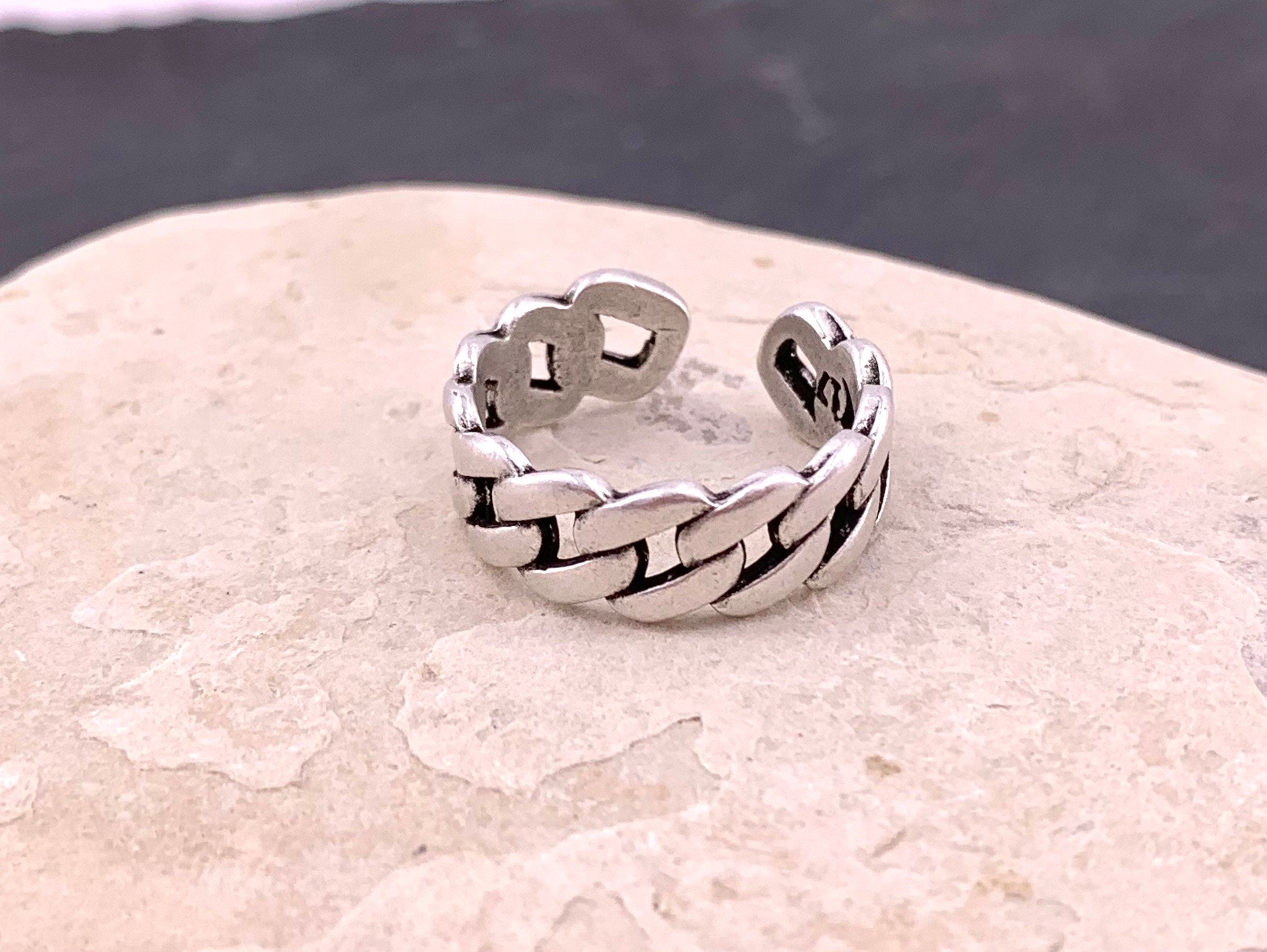 Chunky Silver plated Chain‑Style Ring, Bold Tribal Open Band, Unisex Jewelry