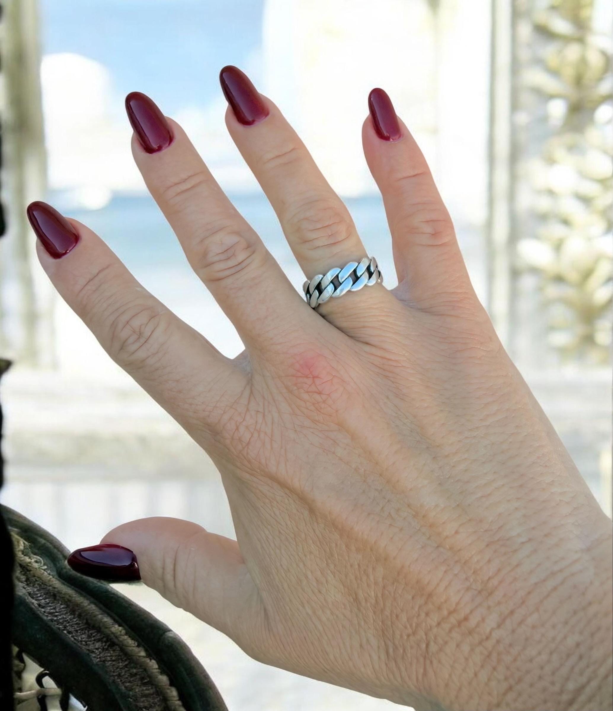 Chunky Silver plated Chain‑Style Ring, Bold Tribal Open Band, Unisex Jewelry