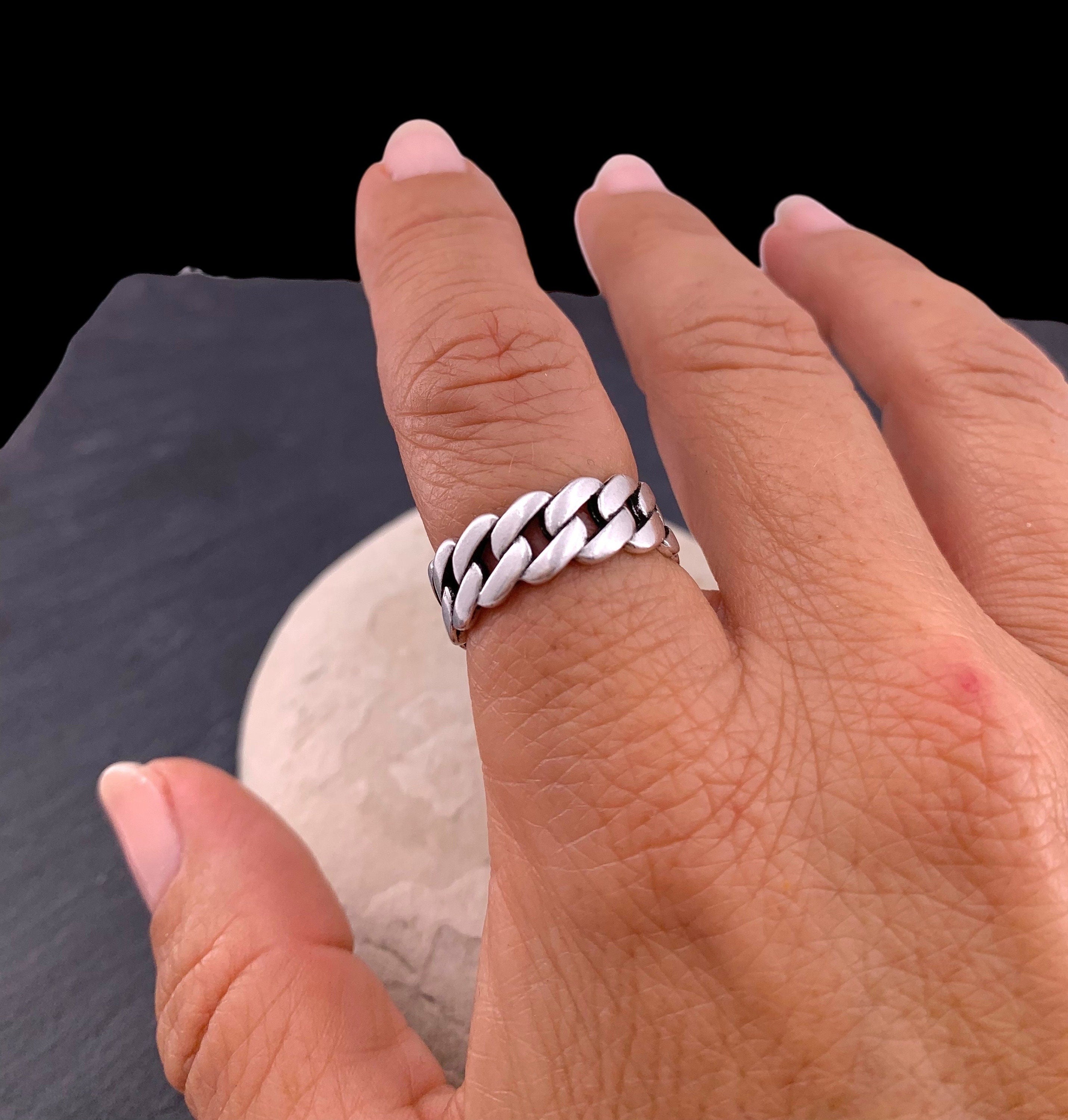 Chunky Silver plated Chain‑Style Ring, Bold Tribal Open Band, Unisex Jewelry