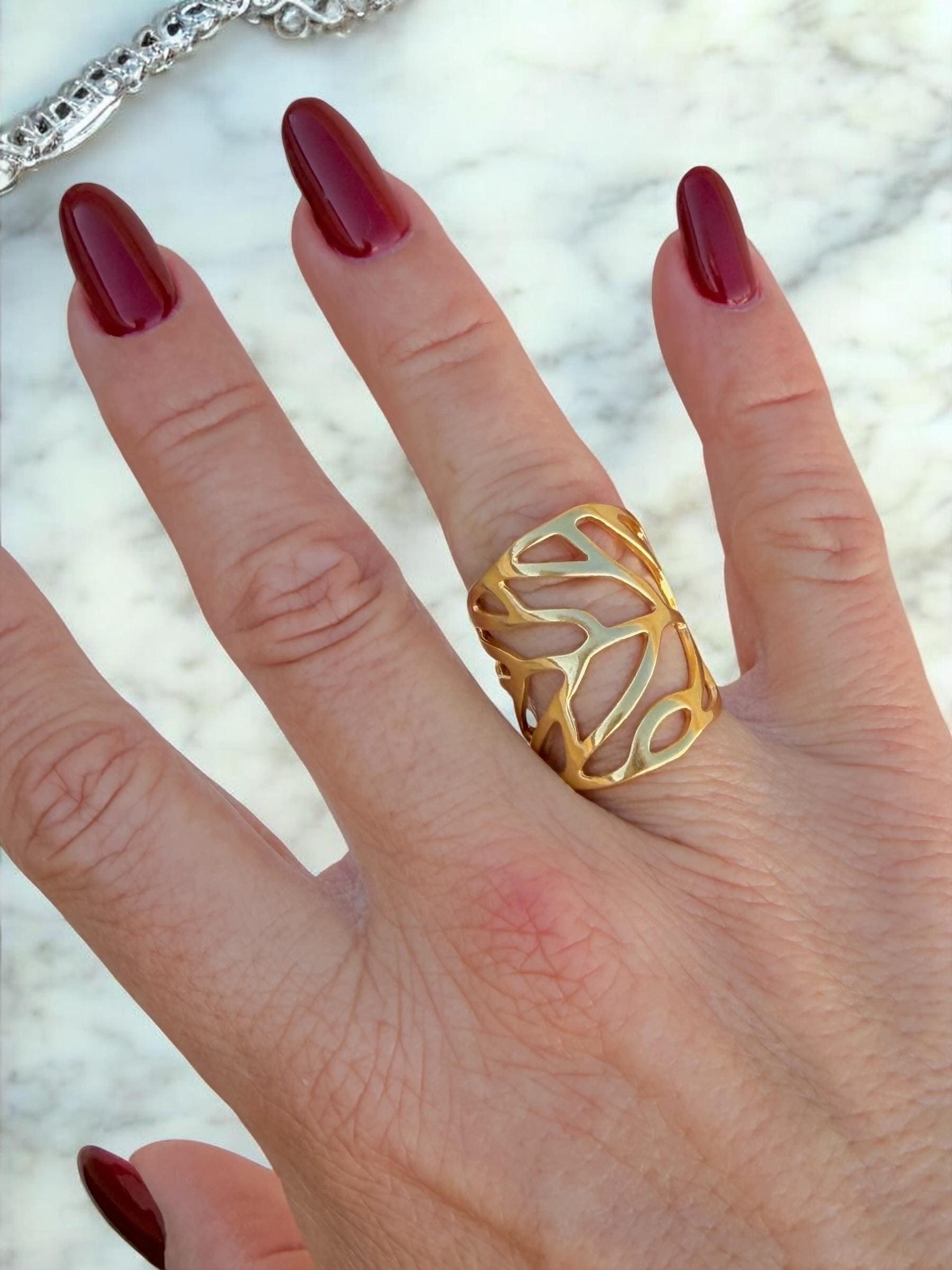 Chunky silver or gold finished carved wide bohemian ring, adjustable jewelry