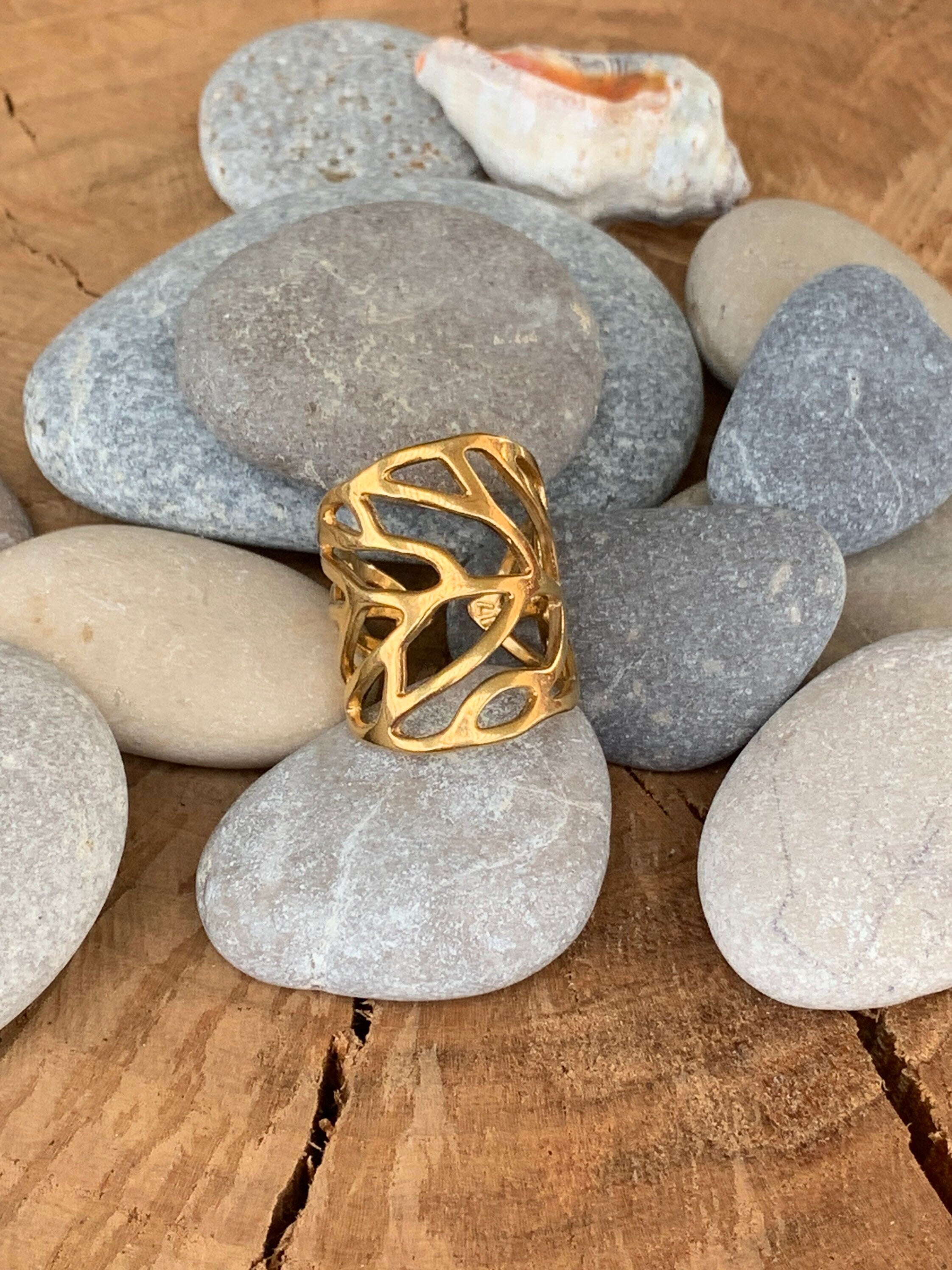 Chunky silver or gold finished carved wide bohemian ring, adjustable jewelry