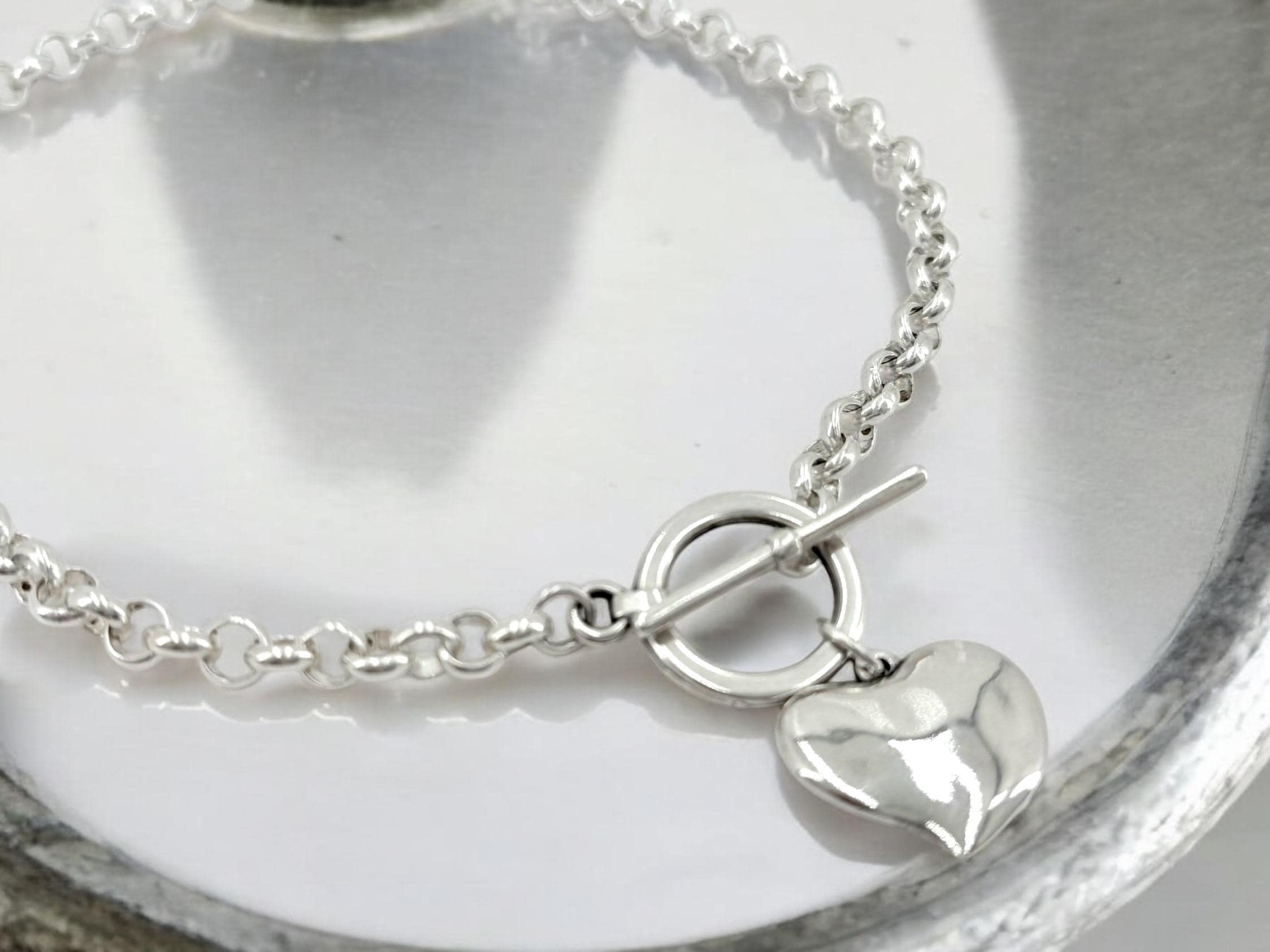 chunky silver plated necklace for women, toggle clasp silver chain necklace, heart choker, rolo chain necklace, T clasp necklace,