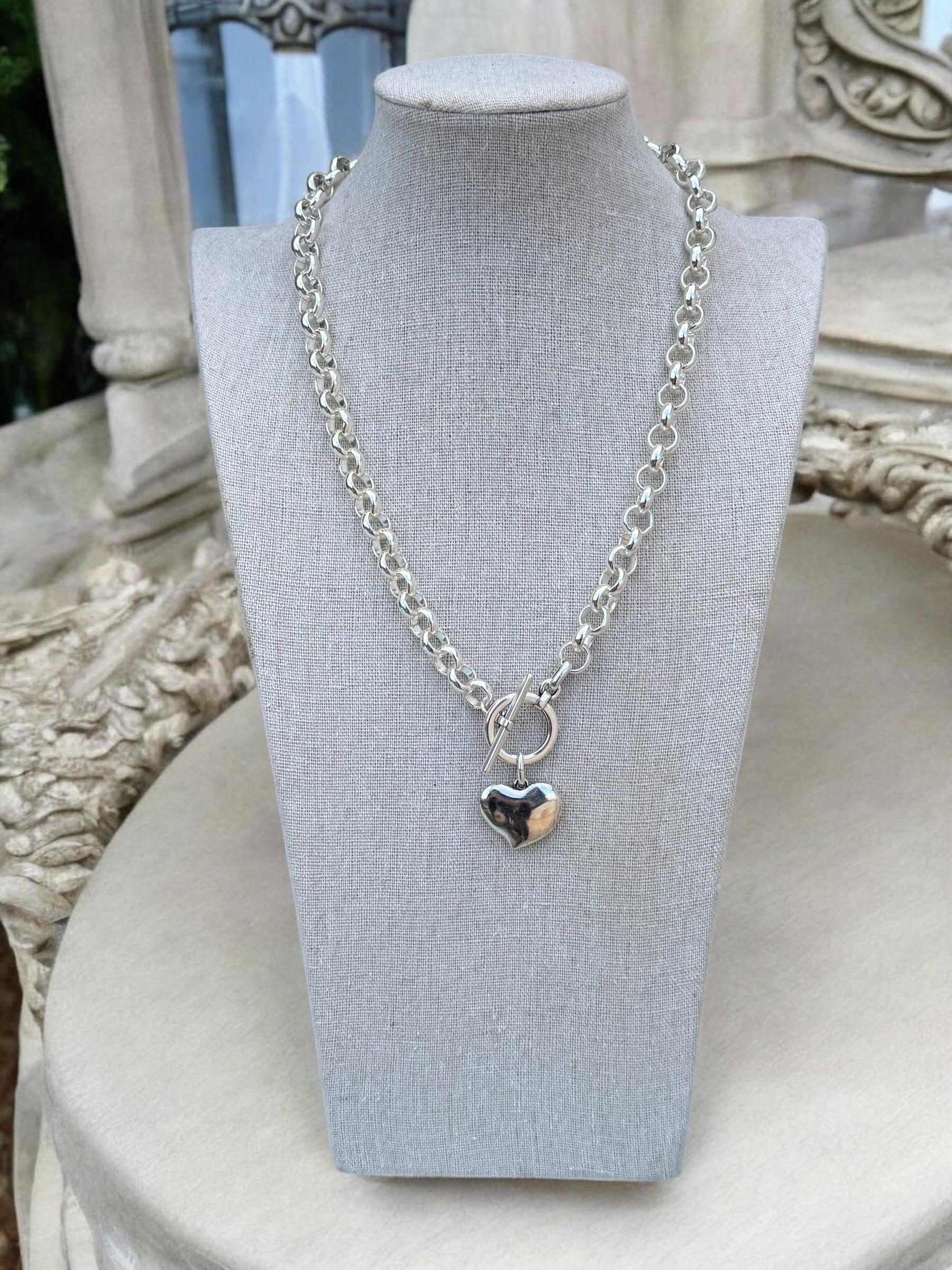 chunky silver plated necklace for women, toggle clasp silver chain necklace, heart choker, rolo chain necklace, T clasp necklace,
