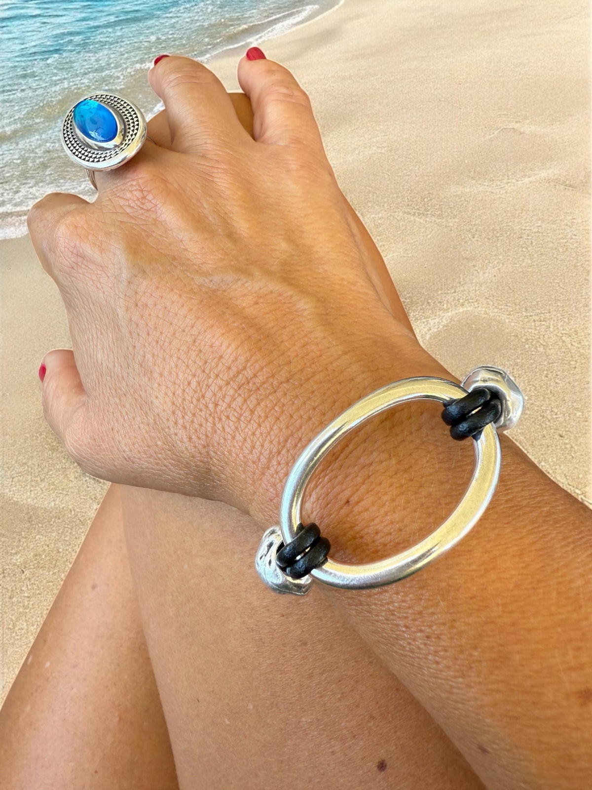 Artisian Leather and silver plated chunky adjustable bracelet