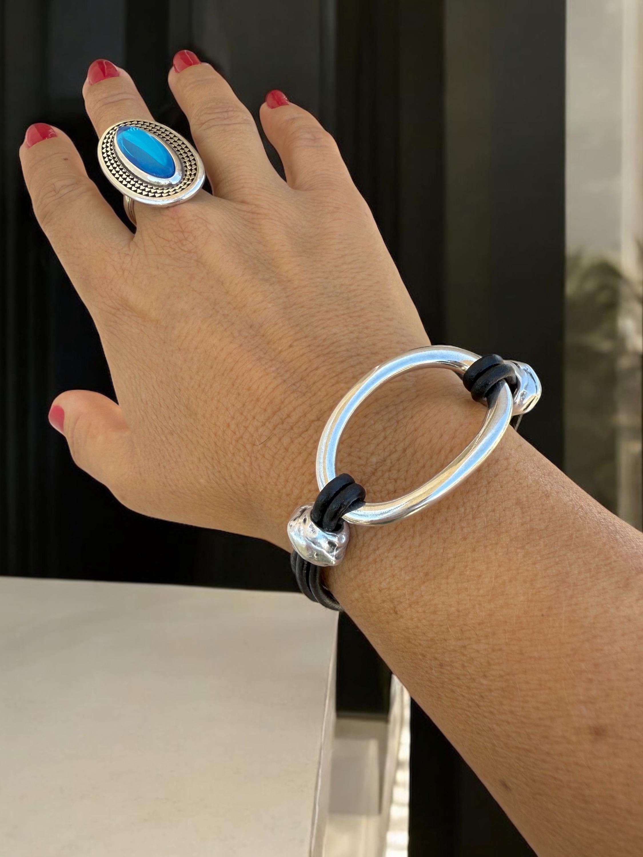 Artisian Leather and silver plated chunky adjustable bracelet
