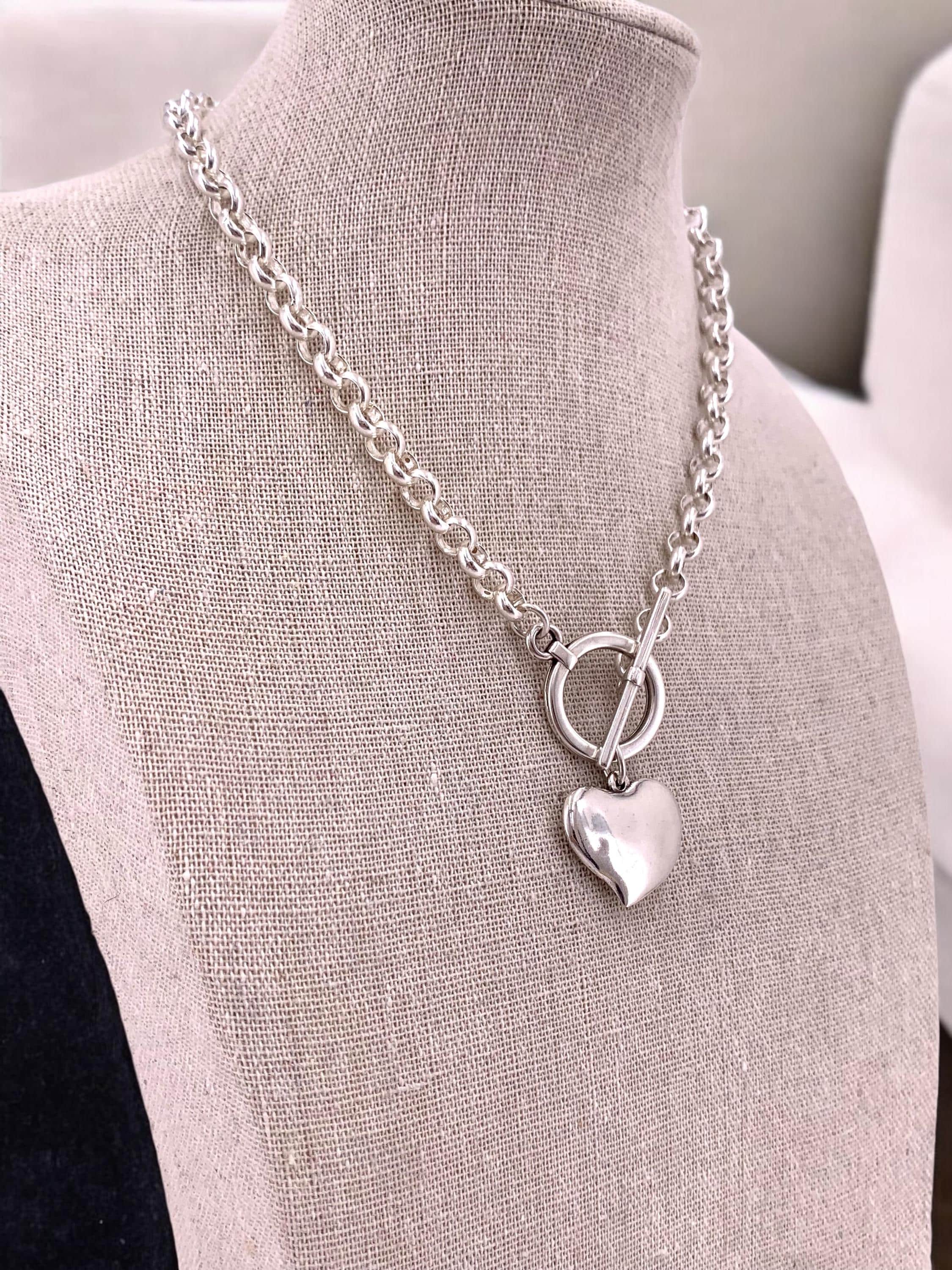 chunky silver plated necklace for women, toggle clasp silver chain necklace, heart choker, rolo chain necklace, T clasp necklace,