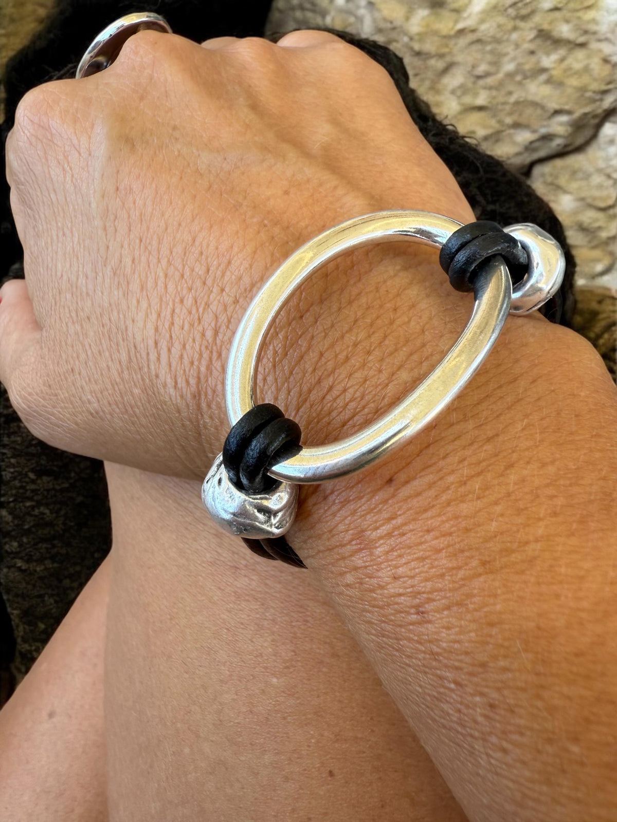 Artisian Leather and silver plated chunky adjustable bracelet