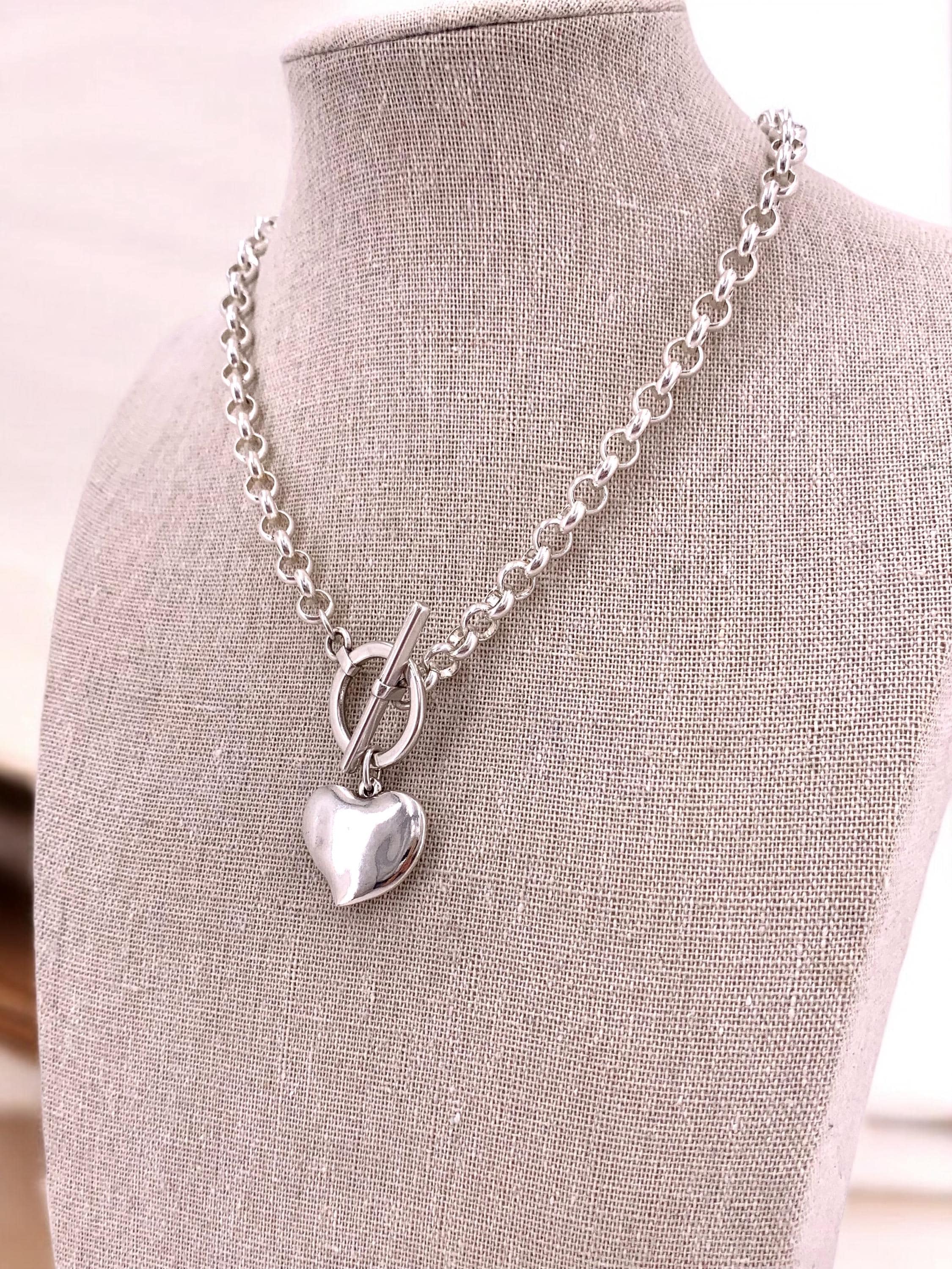 chunky silver plated necklace for women, toggle clasp silver chain necklace, heart choker, rolo chain necklace, T clasp necklace,