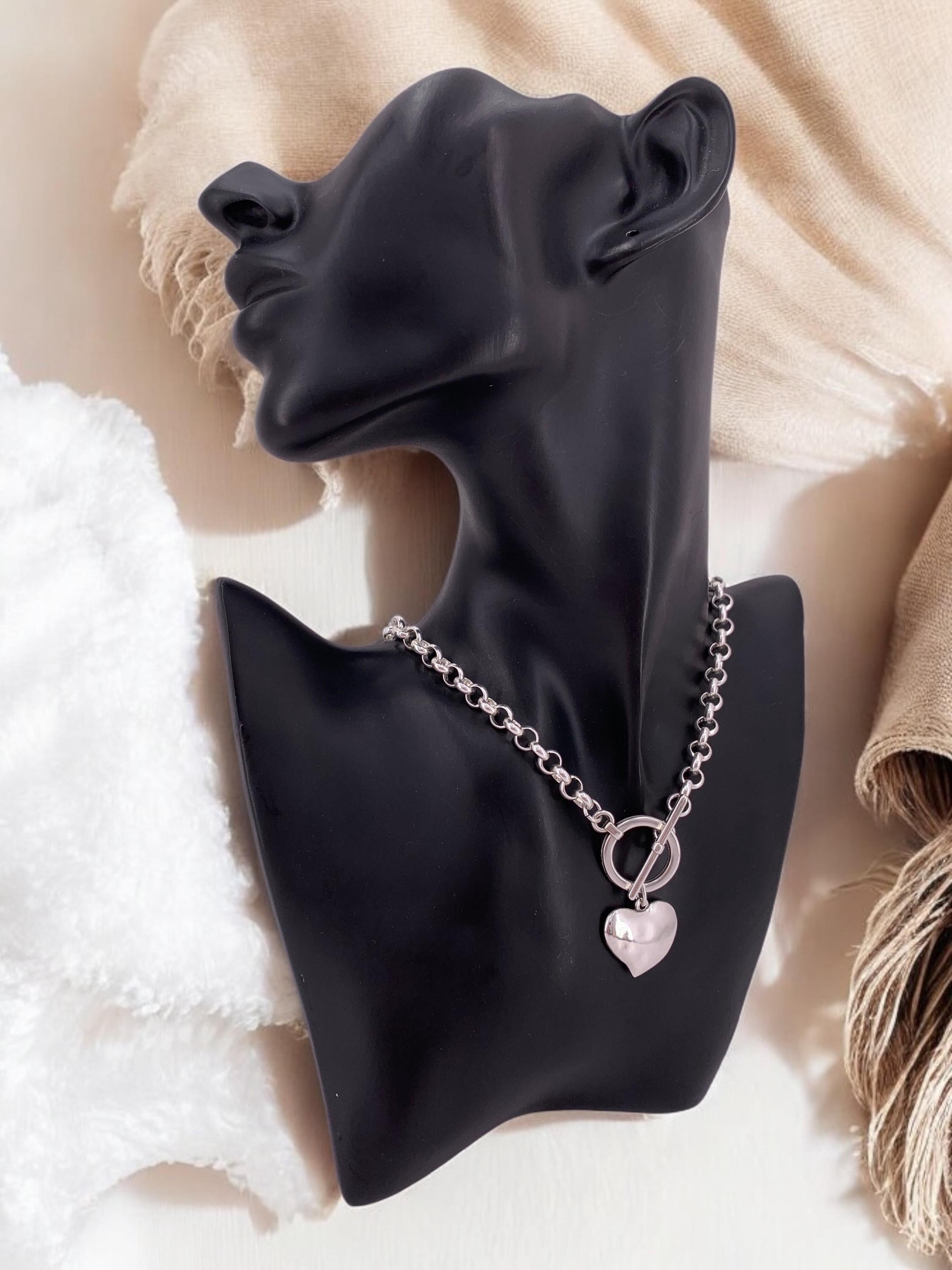 chunky silver plated necklace for women, toggle clasp silver chain necklace, heart choker, rolo chain necklace, T clasp necklace,