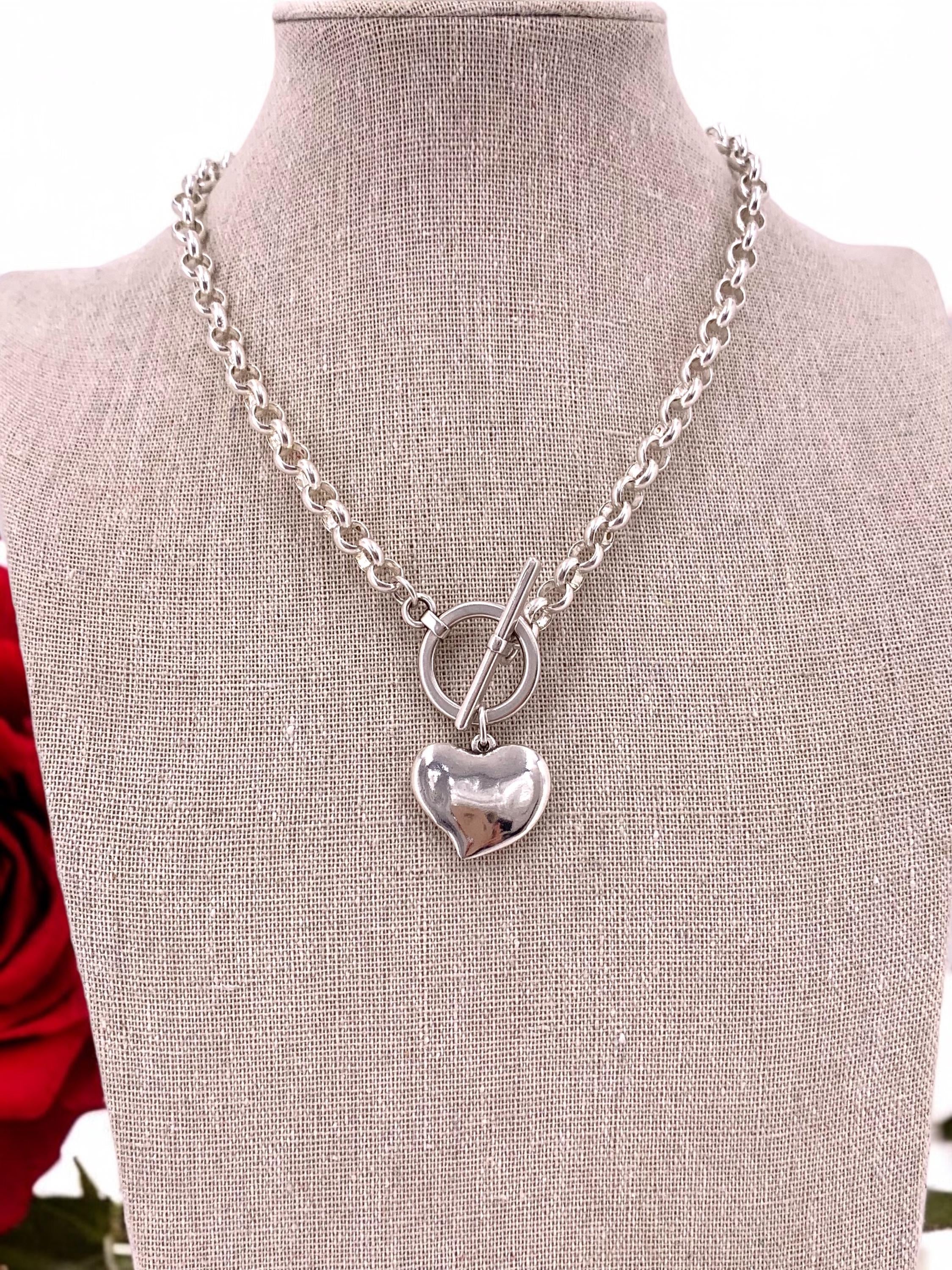 chunky silver plated necklace for women, toggle clasp silver chain necklace, heart choker, rolo chain necklace, T clasp necklace,