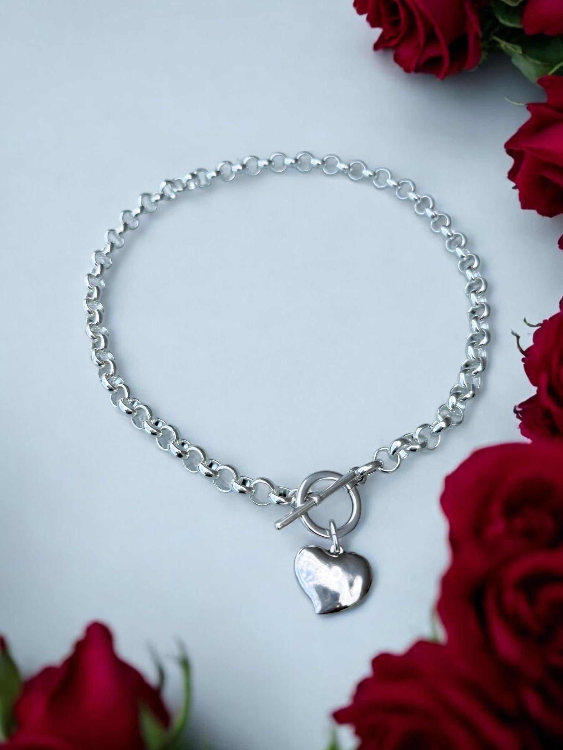 chunky silver plated necklace for women, toggle clasp silver chain necklace, heart choker, rolo chain necklace, T clasp necklace,