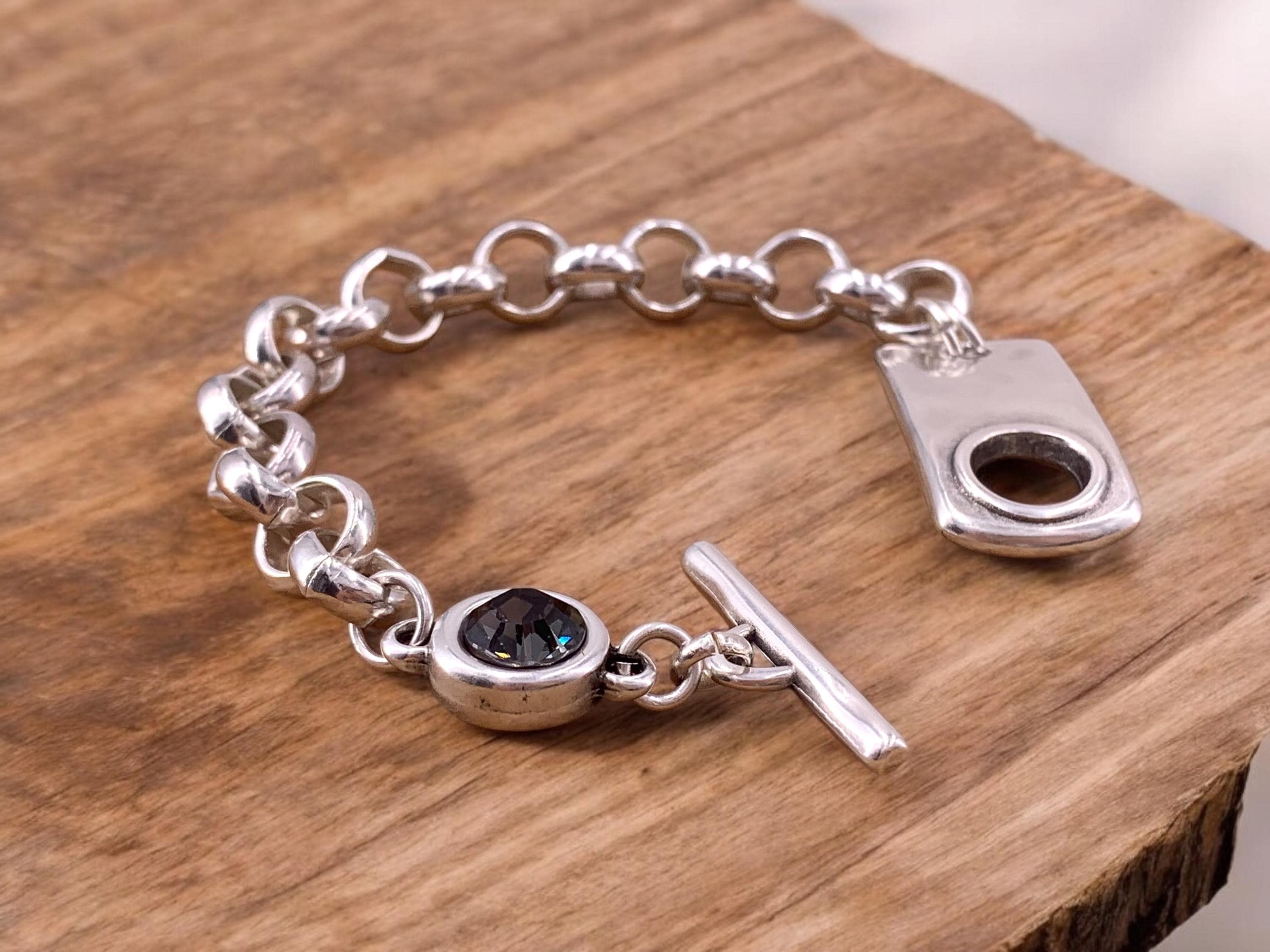 Artisian Chunky silver chain bracelet with toggle clasp and Swarovski crystal