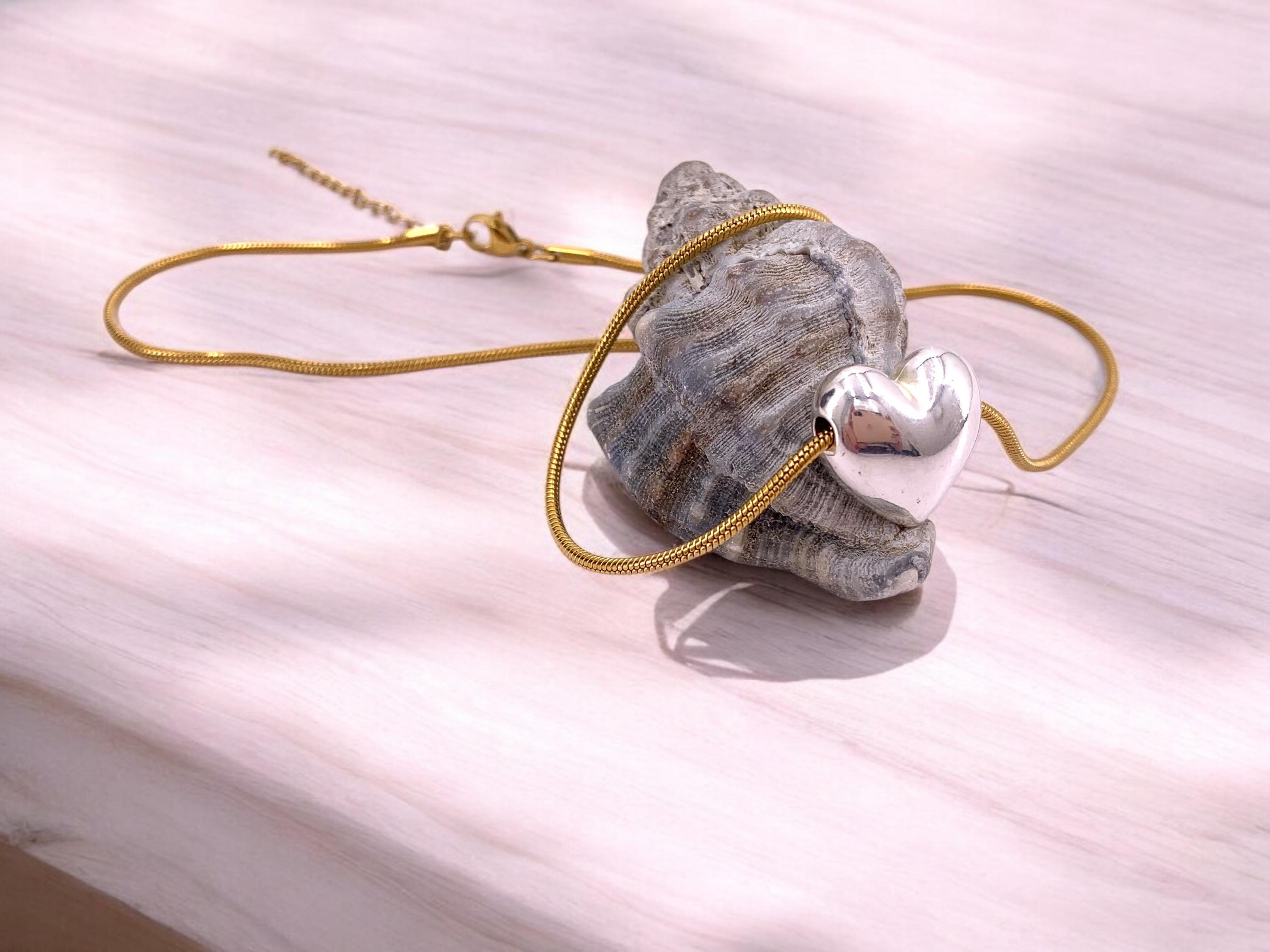 Dainty Gold Snake Chain Necklace with Silver Heart Pendant, Adjustable Handmade Boho Jewelry