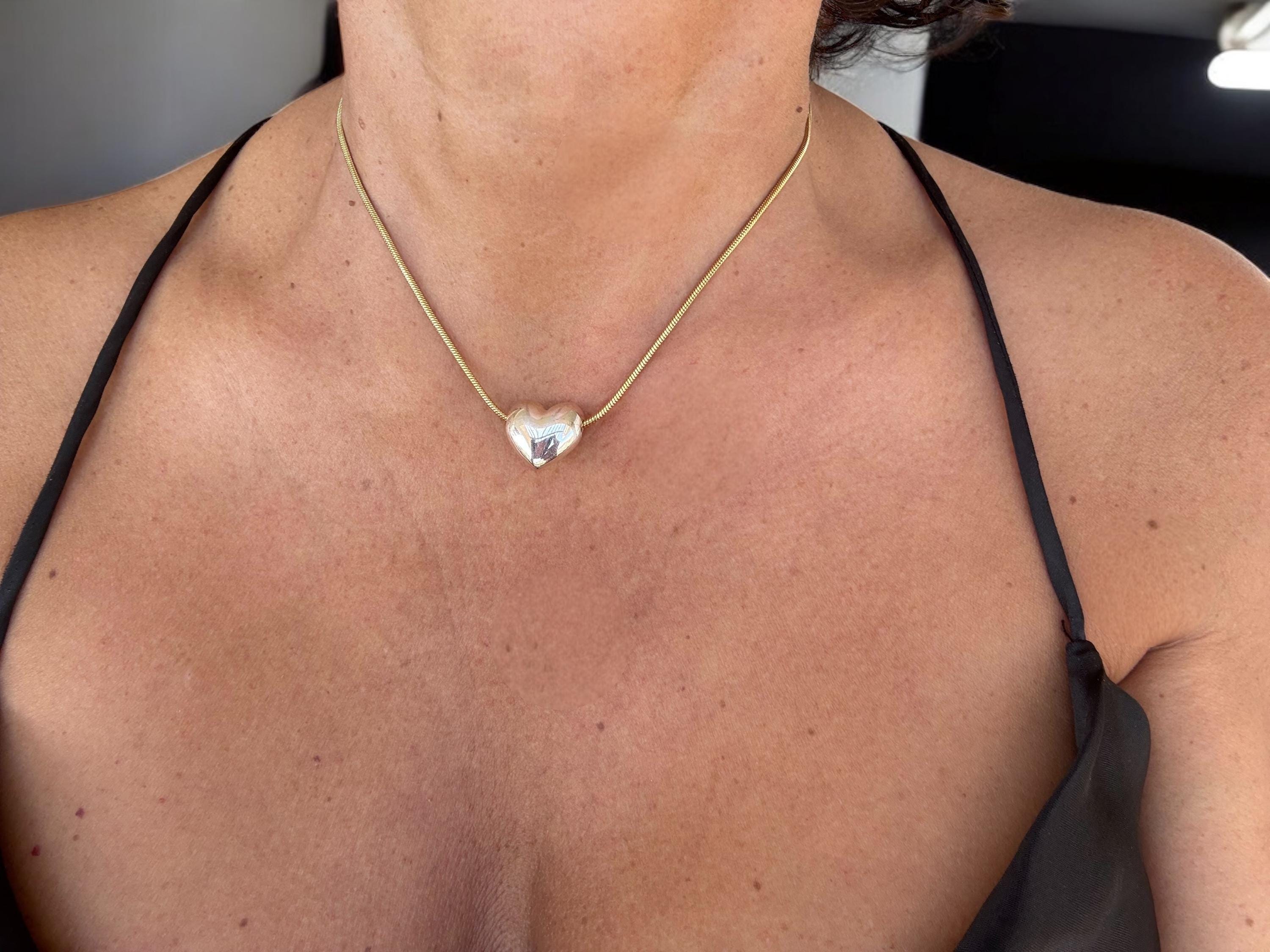 Dainty Gold Snake Chain Necklace with Silver Heart Pendant, Adjustable Handmade Boho Jewelry