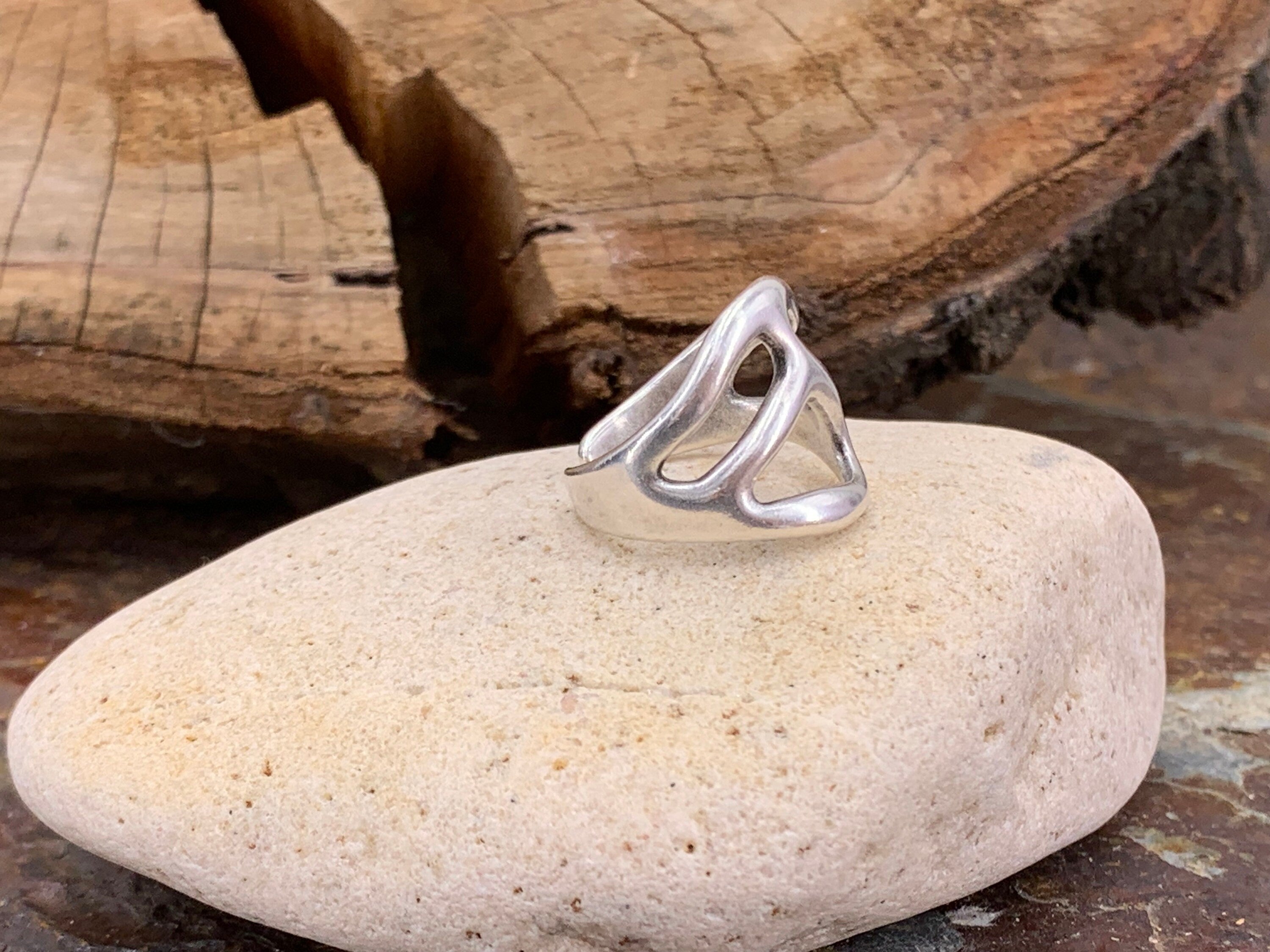 Artisian silver plated carved ring with open band design and bohemian style