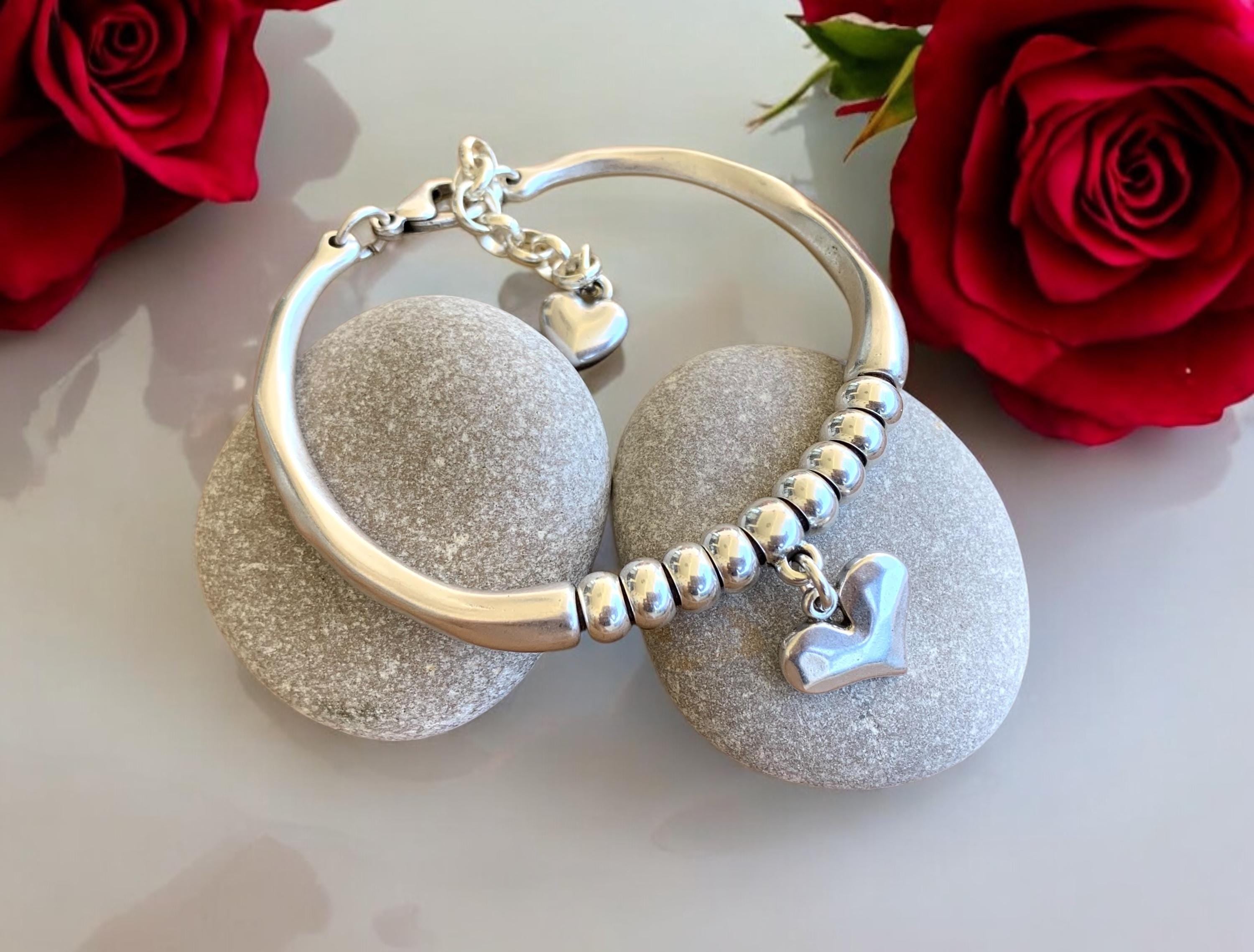 Artisian Double Half-Cuff chunky Silver Bracelet with beads and Heart Charms