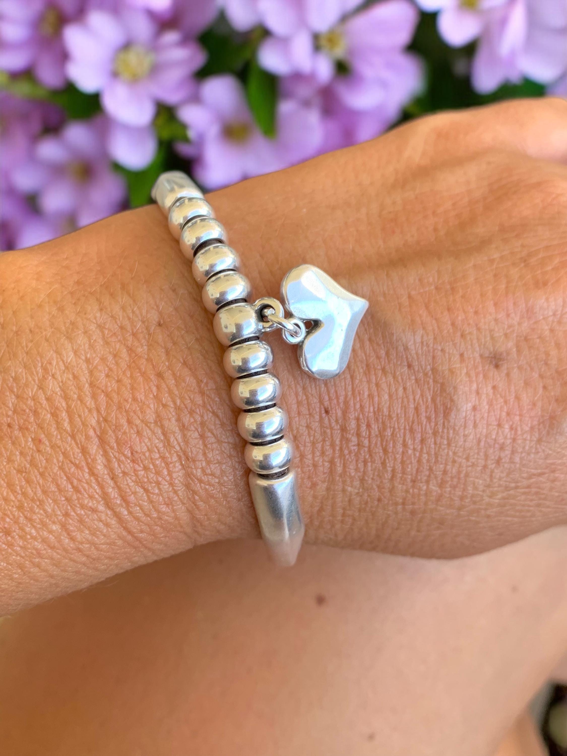 Artisian Double Half-Cuff chunky Silver Bracelet with beads and Heart Charms