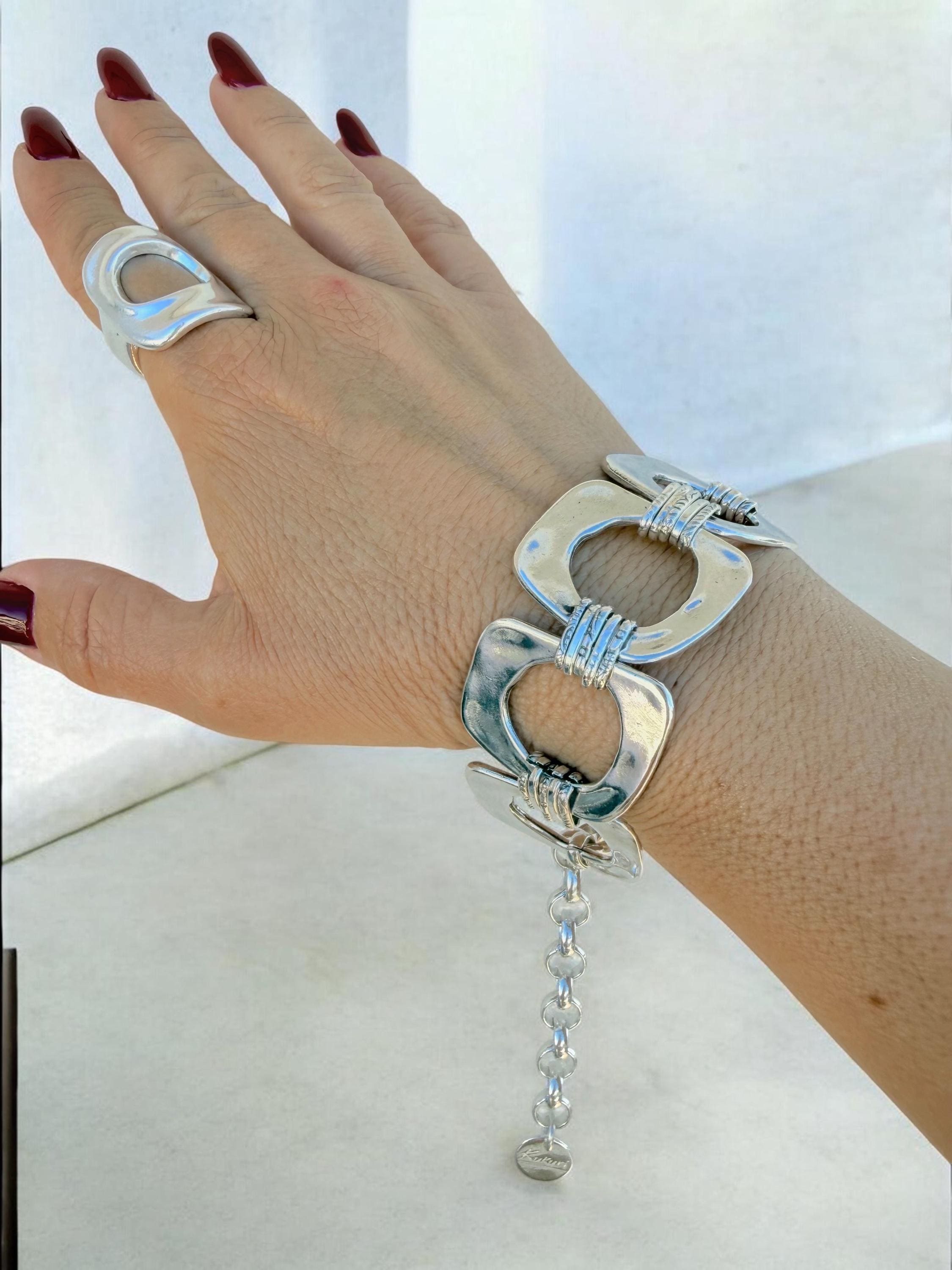 Chunky chain silver geometric bracelet, bold handmade jewelry