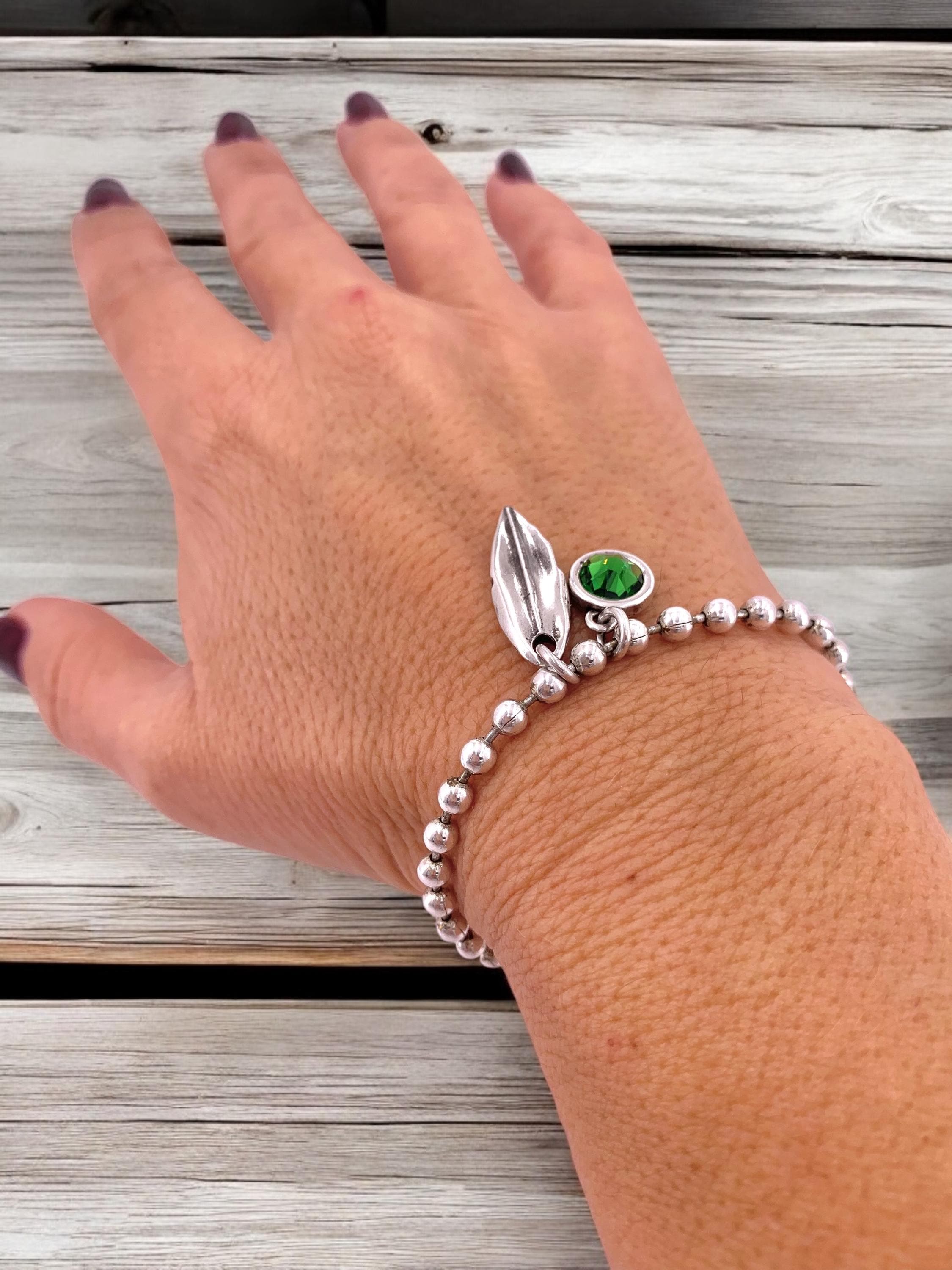 Silver balls chain bracelet with a leaf and Swarovski crystal charm