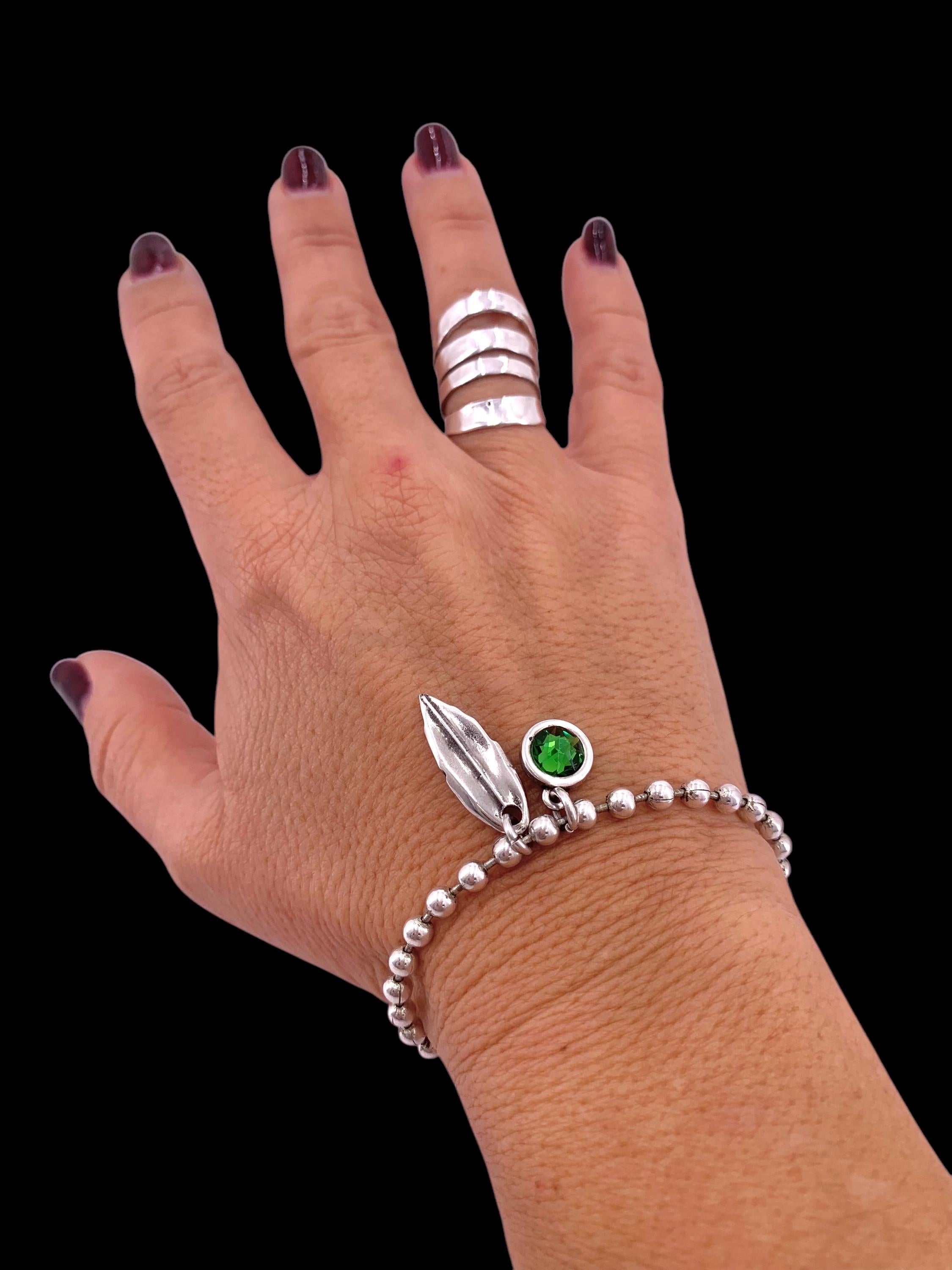 Silver balls chain bracelet with a leaf and Swarovski crystal charm