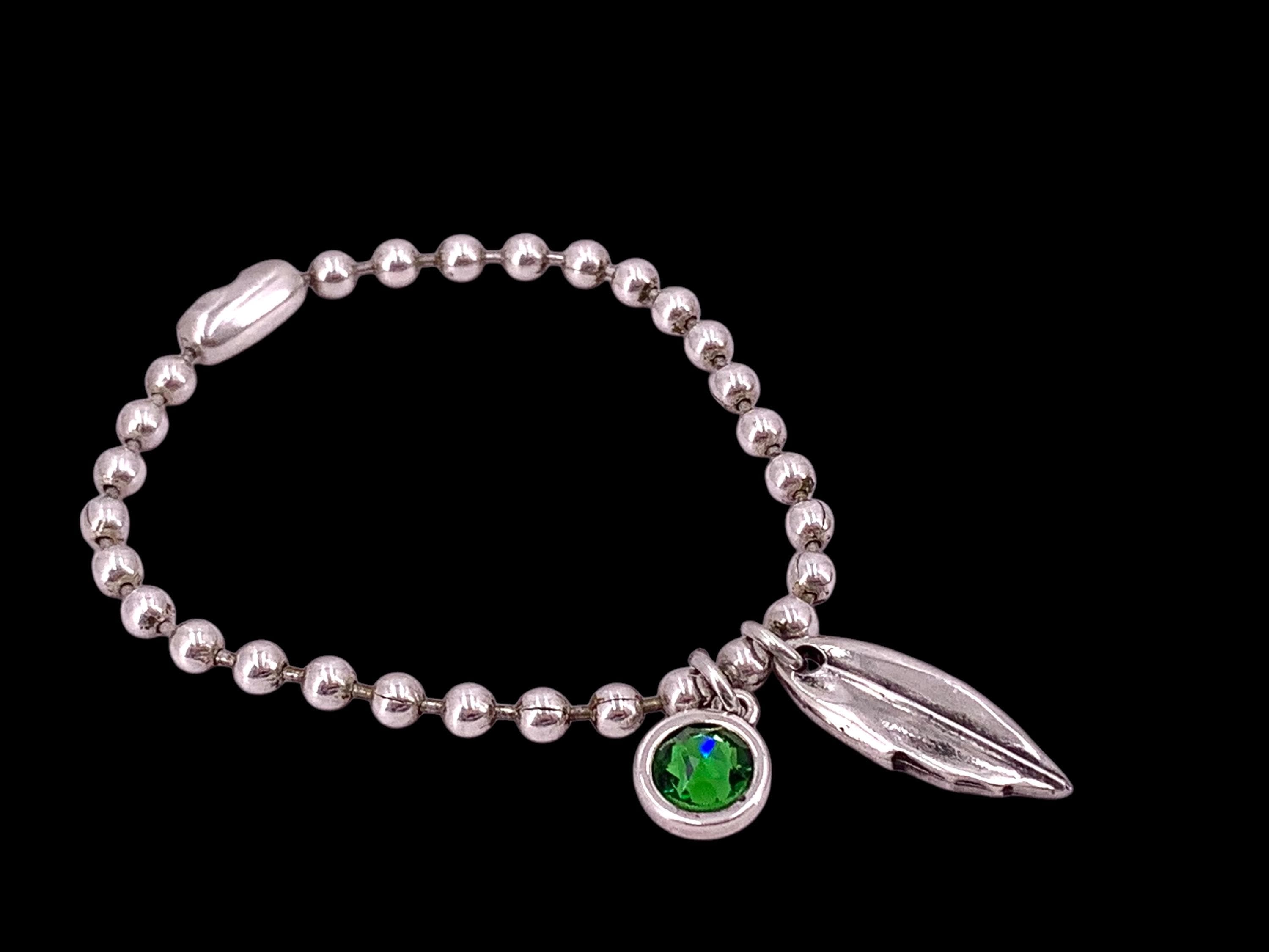 Silver balls chain bracelet with a leaf and Swarovski crystal charm