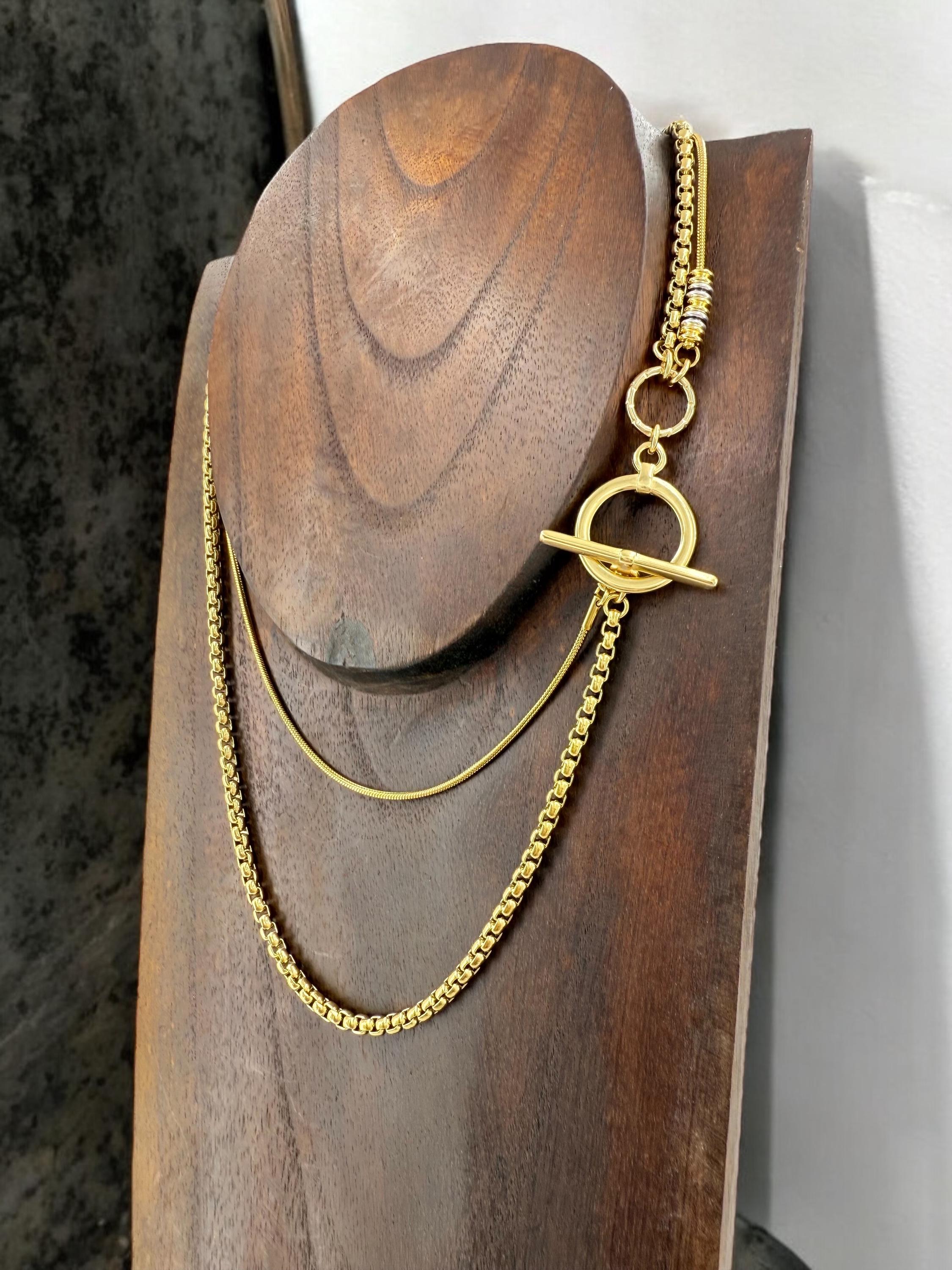 Double-Strand Gold Chain toggle Necklace – Chunky Layered Wrap Style choker – Handmade jewelry