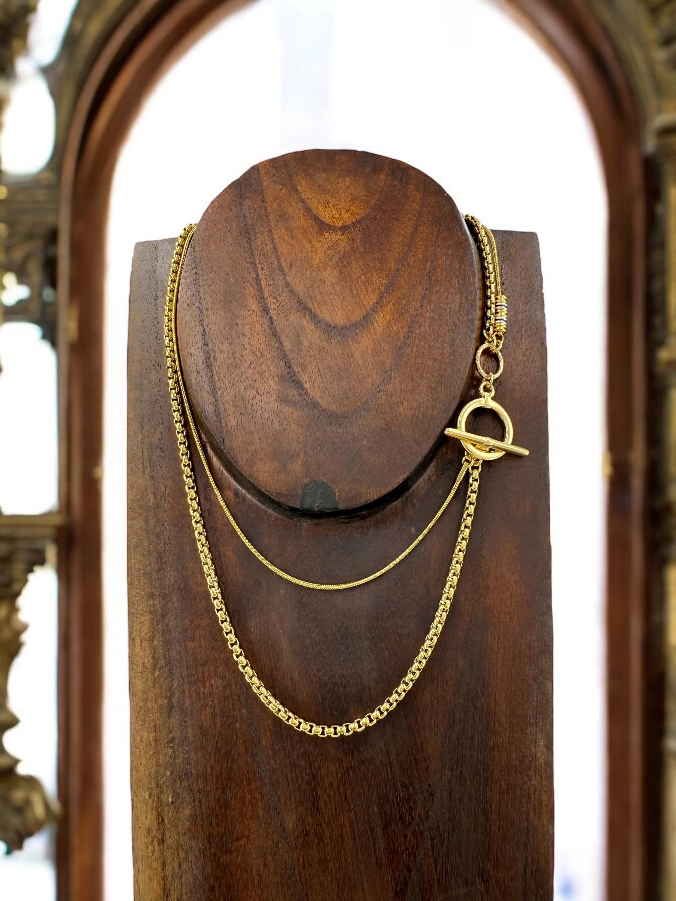 Double-Strand Gold Chain toggle Necklace – Chunky Layered Wrap Style choker – Handmade jewelry