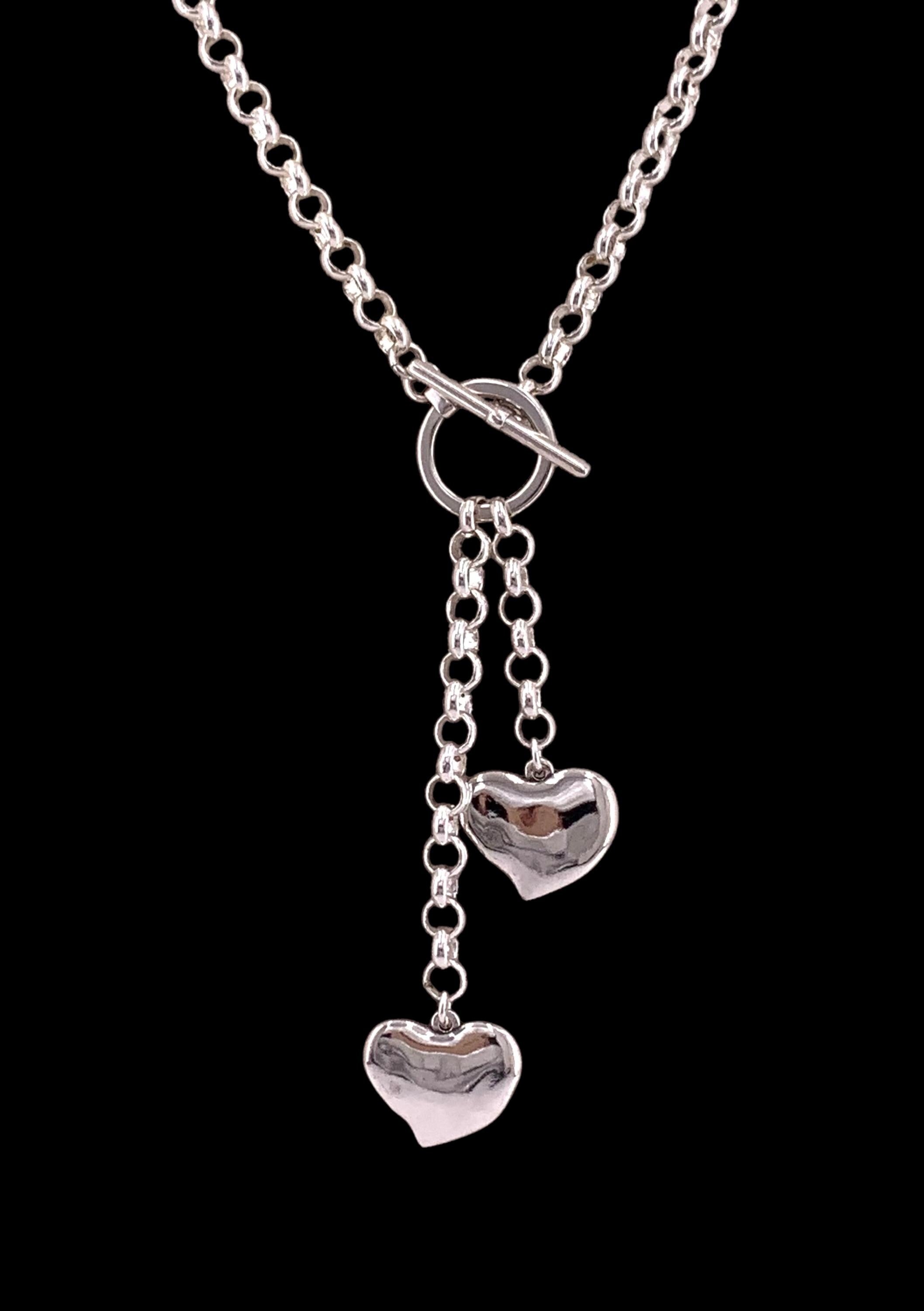 Chunky Silver rolo chain Lariat Necklace with Dual Heart Pendants and toggle Clasp