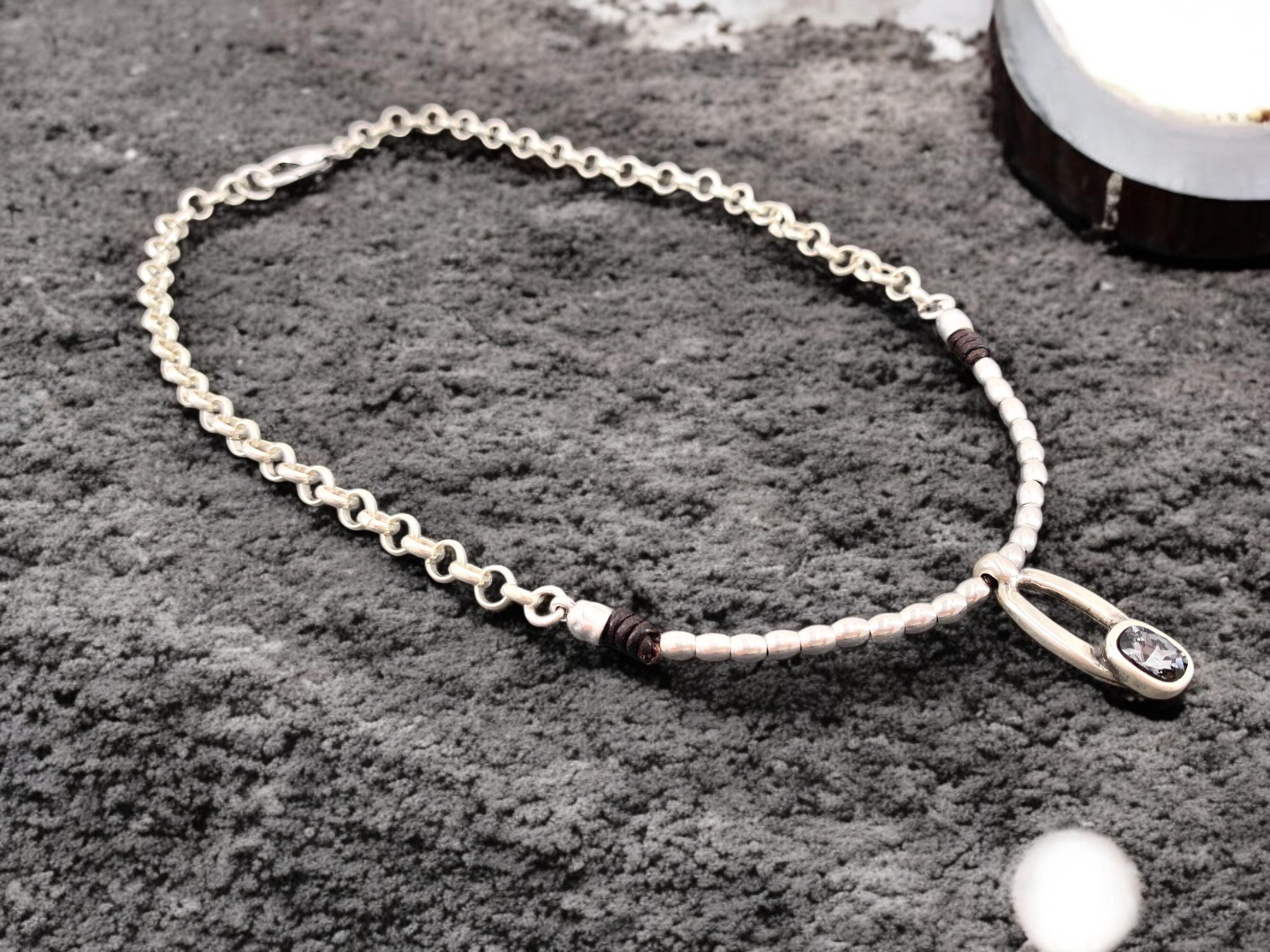 Otiginal pendant with Smoky Graphite Crystal, chunky beaded and chain silver necklace,