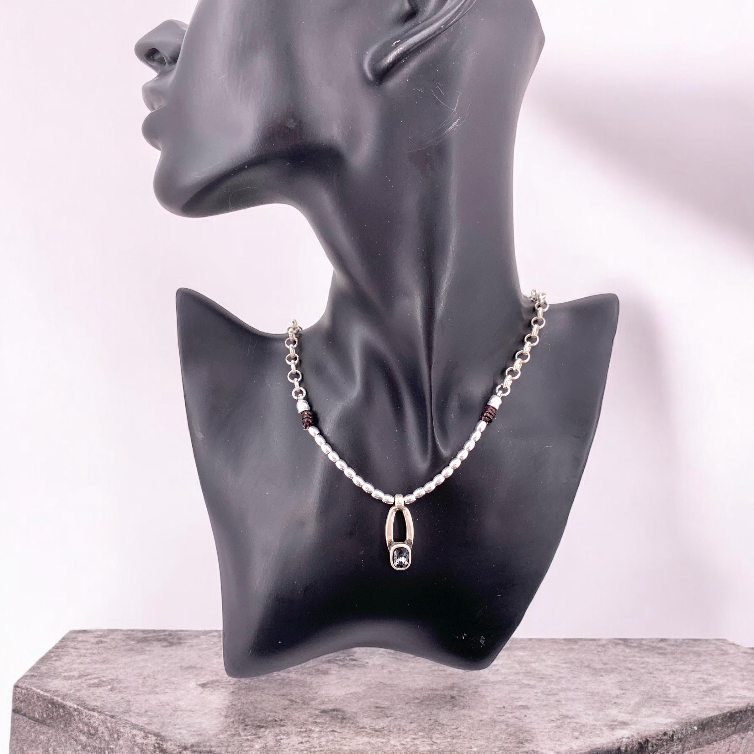 Otiginal pendant with Smoky Graphite Crystal, chunky beaded and chain silver necklace,