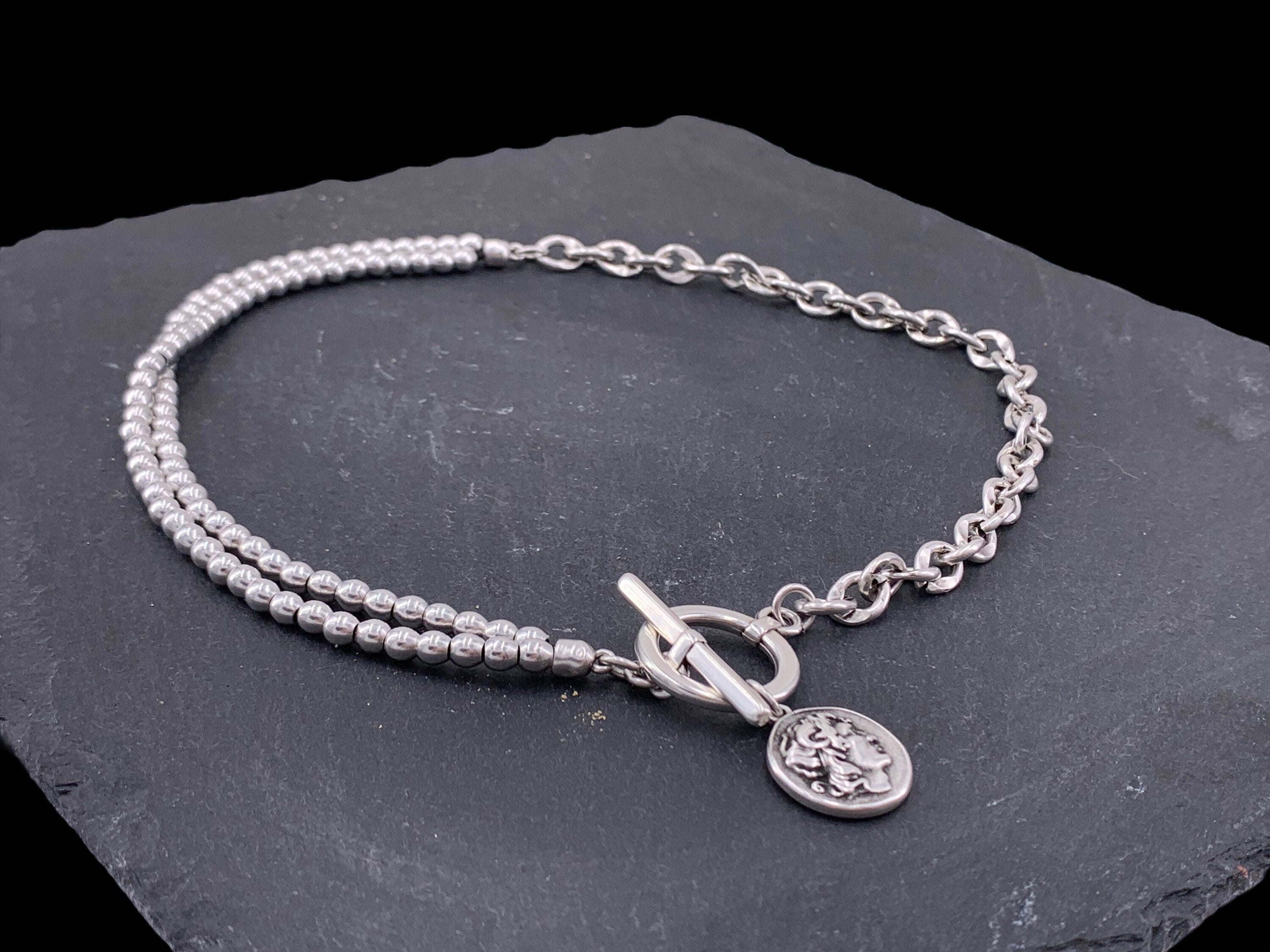 Heart pendant toggle clasp chunky silver chain and beaded necklace