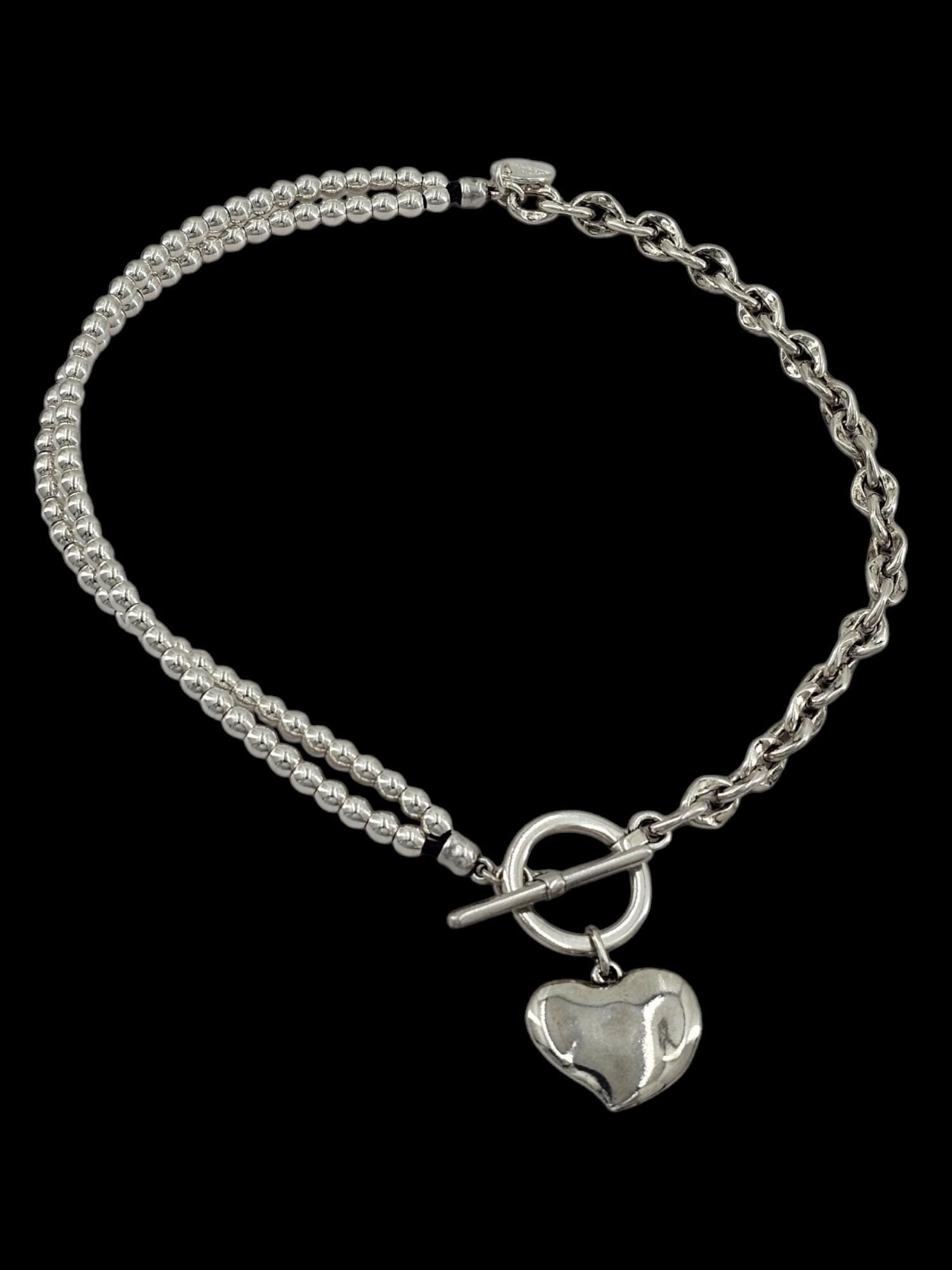 Heart pendant toggle clasp chunky silver chain and beaded necklace