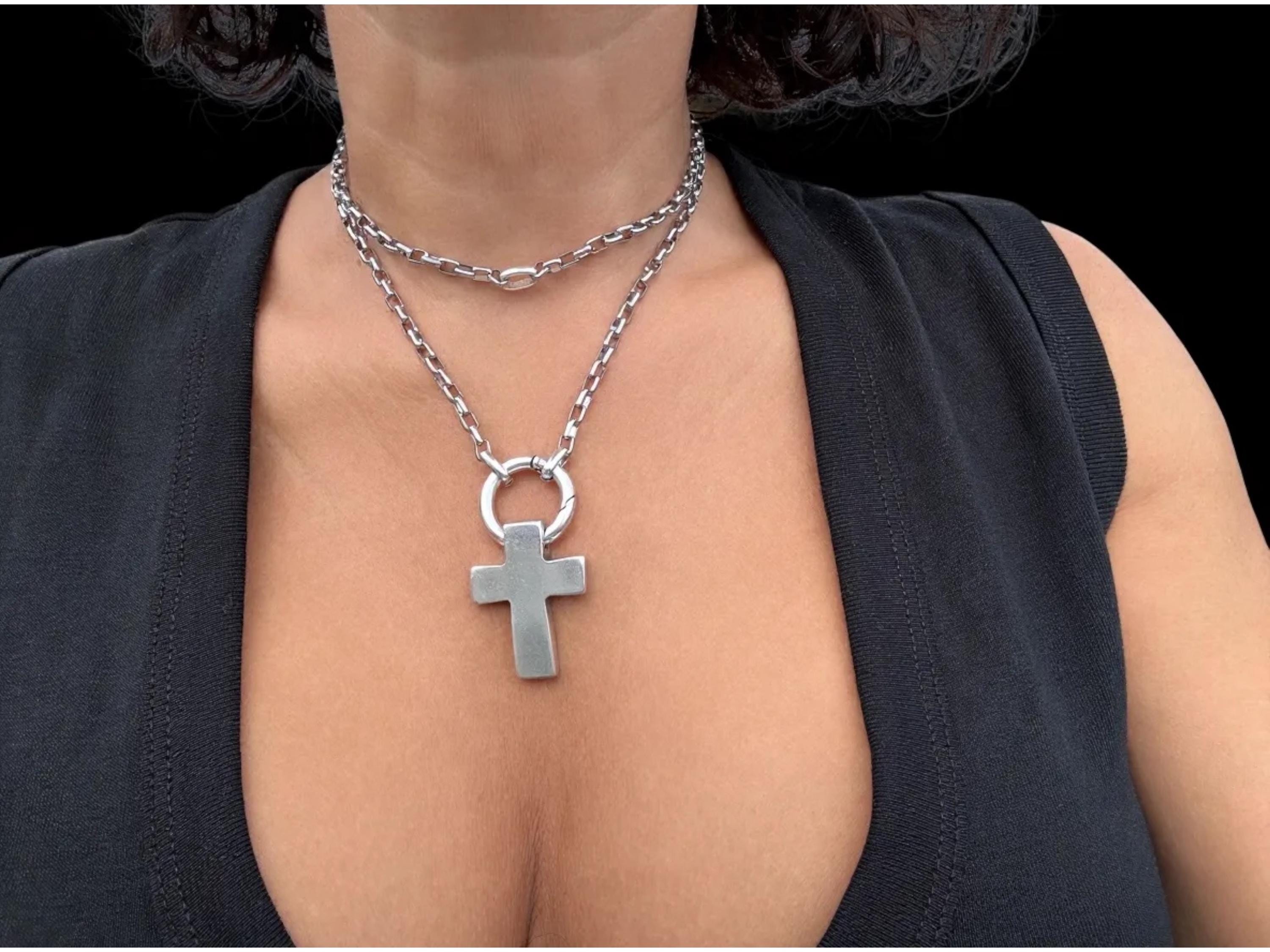 Chunky silver cross necklace with multiple positions, bold layered pendant choker, handmade Jewelry.