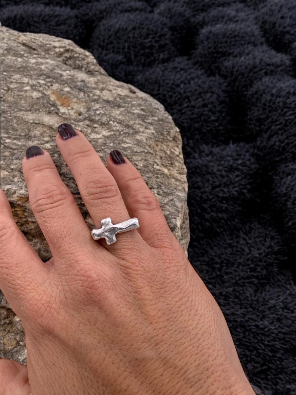 Chunky Silver Plated organic Gothic cross ring, punk jewelry