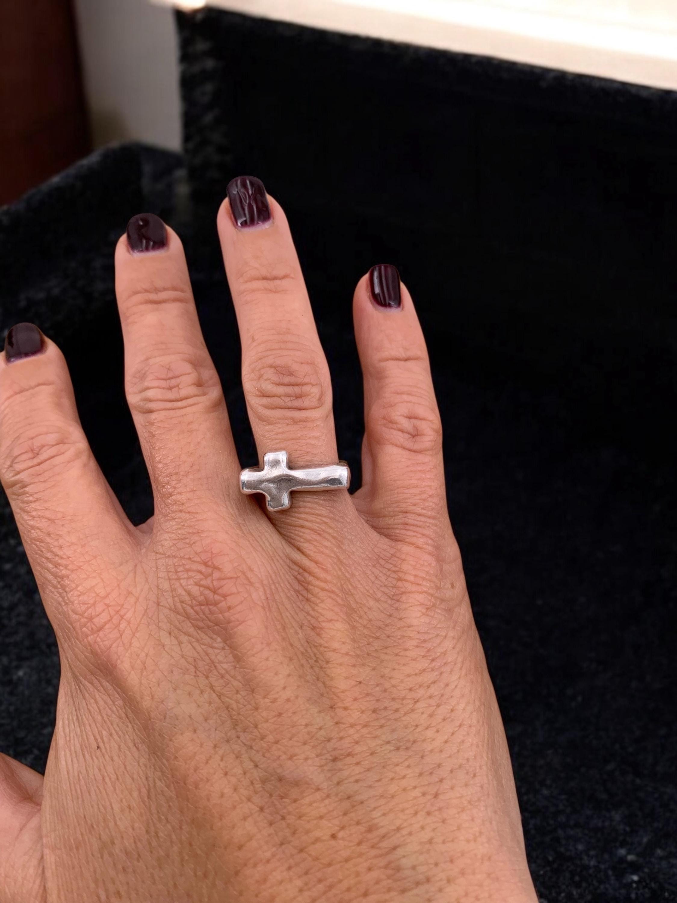 Chunky Silver Plated organic Gothic cross ring, punk jewelry