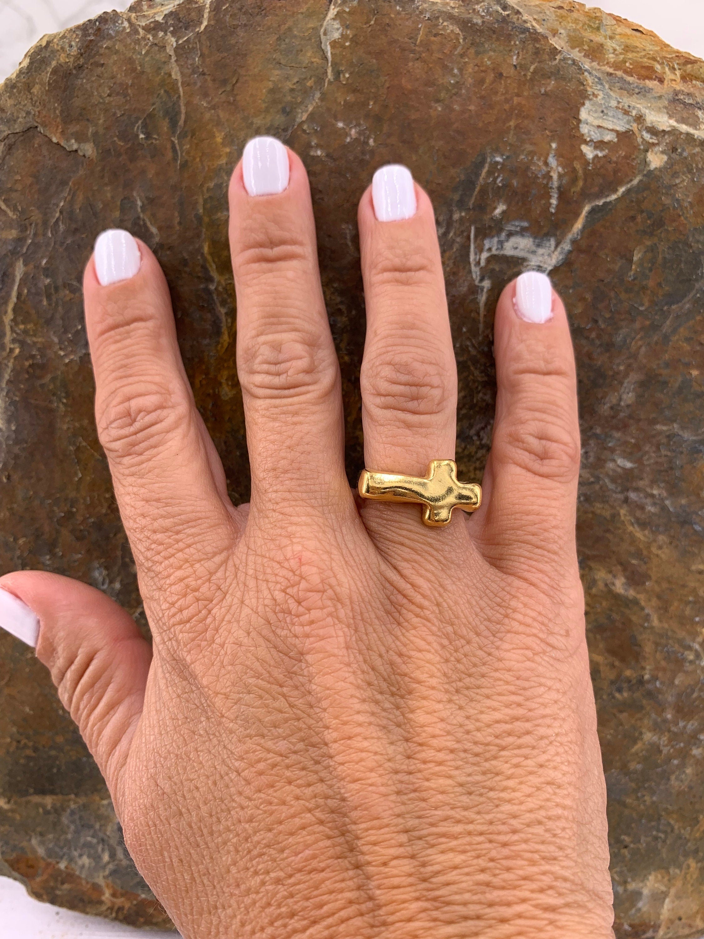 Chunky Silver Plated organic Gothic cross ring, punk jewelry